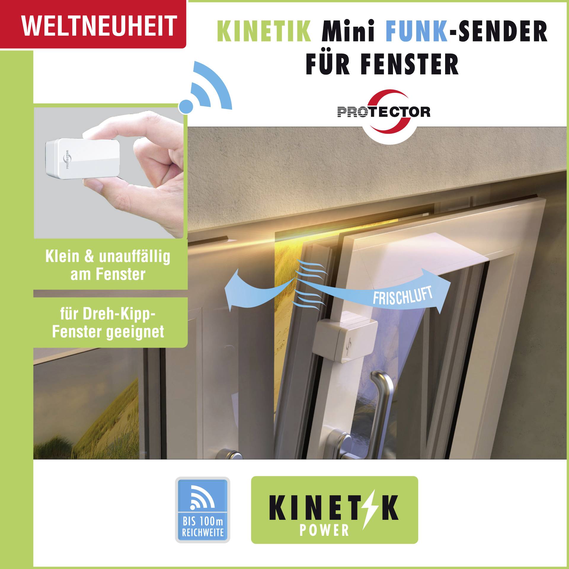 'KINETIK Mini Bezdrátový vysílač pro okna'. Malé, nenápadné zařízení vhodné pro otevíravě-sklopná okna, dosah až 100 m.