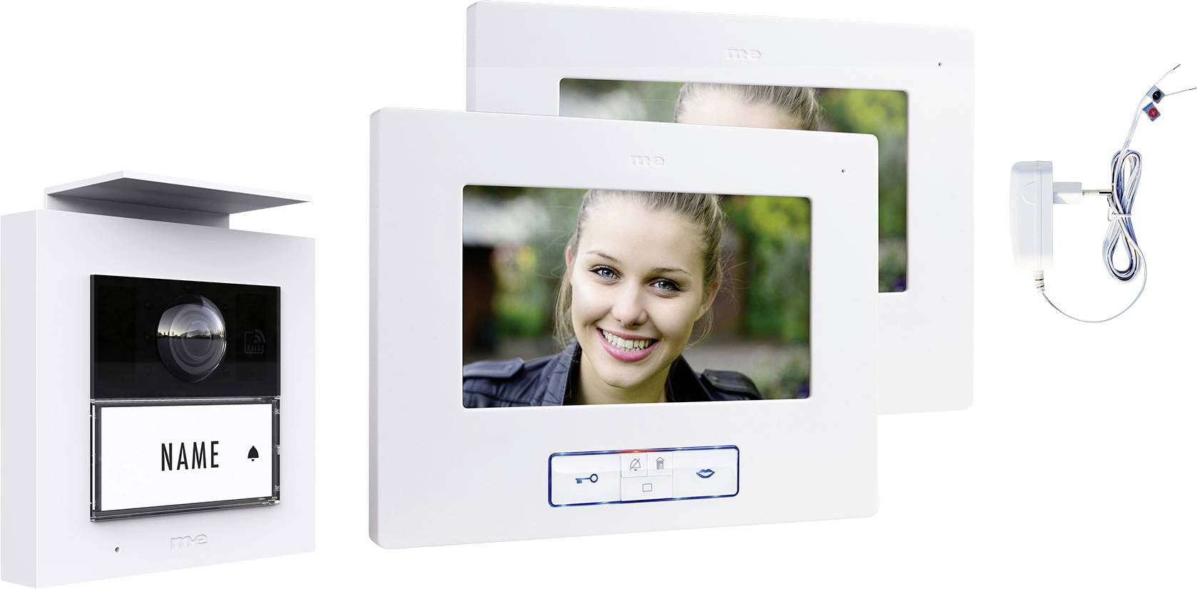 Videotelefon se systémem s kamerou a dvěma bílými displeji zobrazujícími usměvavou osobu; včetně adaptéru.
