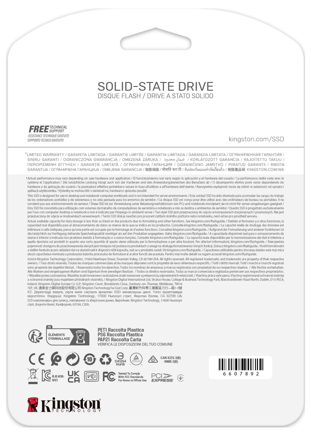 Na zadní straně obalu SSD se nachází záruční text ve více jazycích, recyklační symboly a logo Kingston v dolní části.