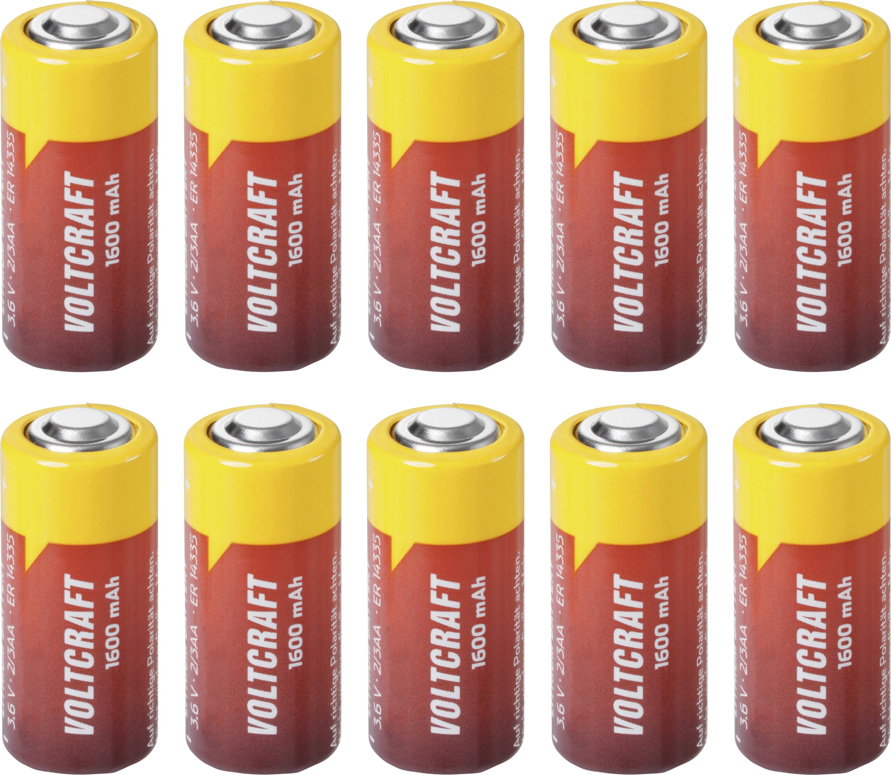 Deset baterií Voltcraft 1600 mAh uspořádaných ve dvou řadách po pěti na bílém pozadí.