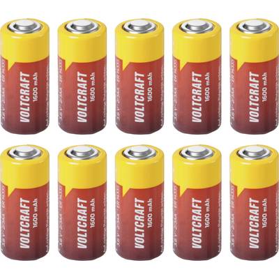 Deset baterií Voltcraft 1600 mAh uspořádaných ve dvou řadách po pěti na bílém pozadí.