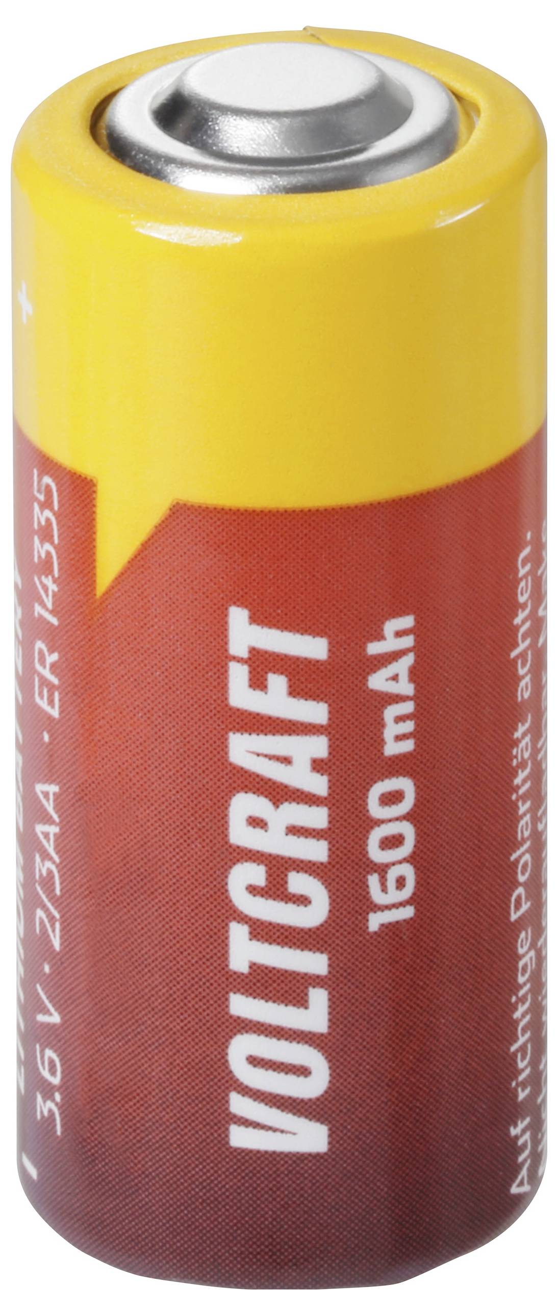 Detailní pohled na žluto-červenou nabíjecí baterii Voltcraft 3,6V s označením "1600 mAh".