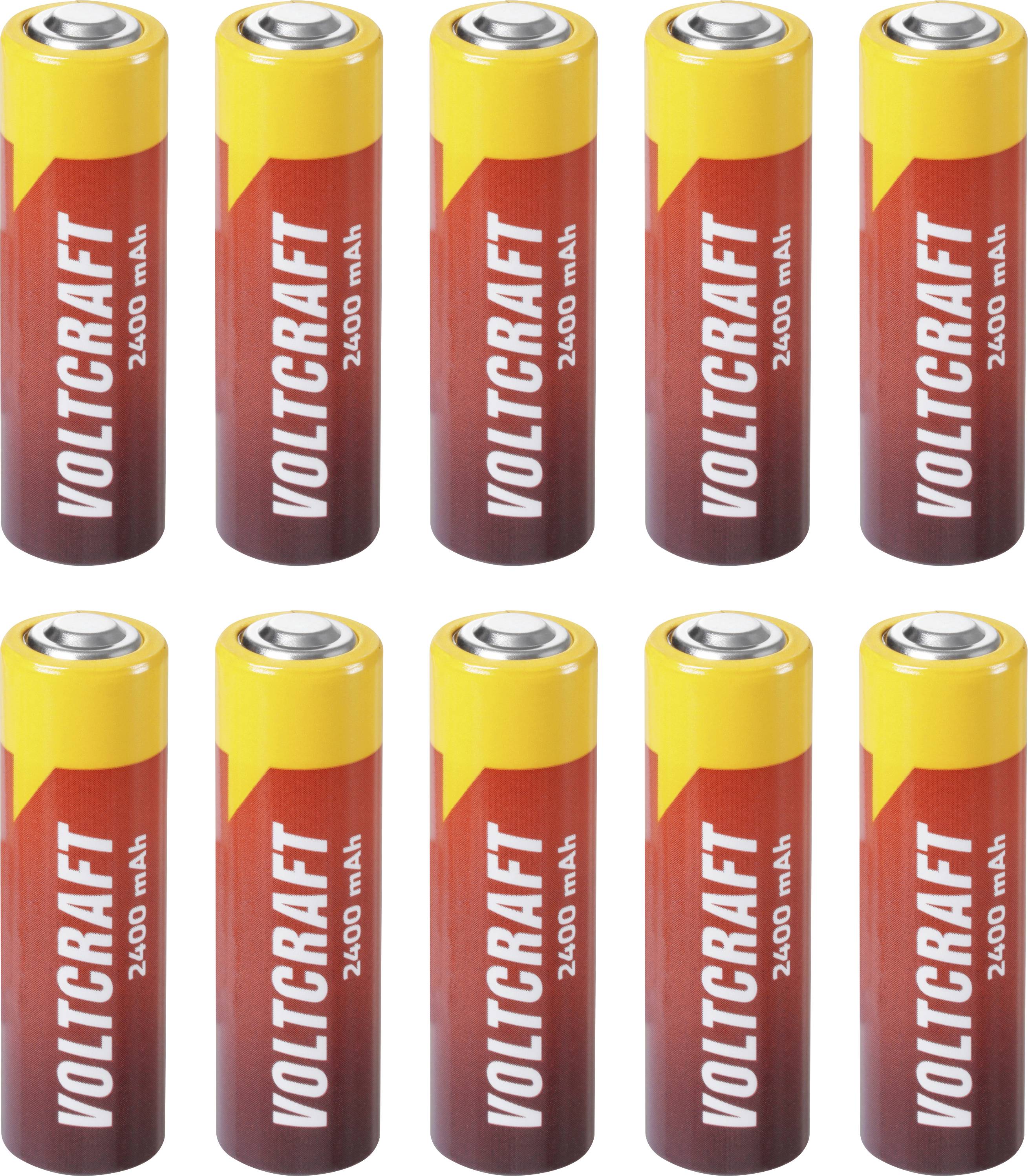 Deset baterií Voltcraft 2400 mAh AA zobrazených ve dvou řadách na bílém pozadí.