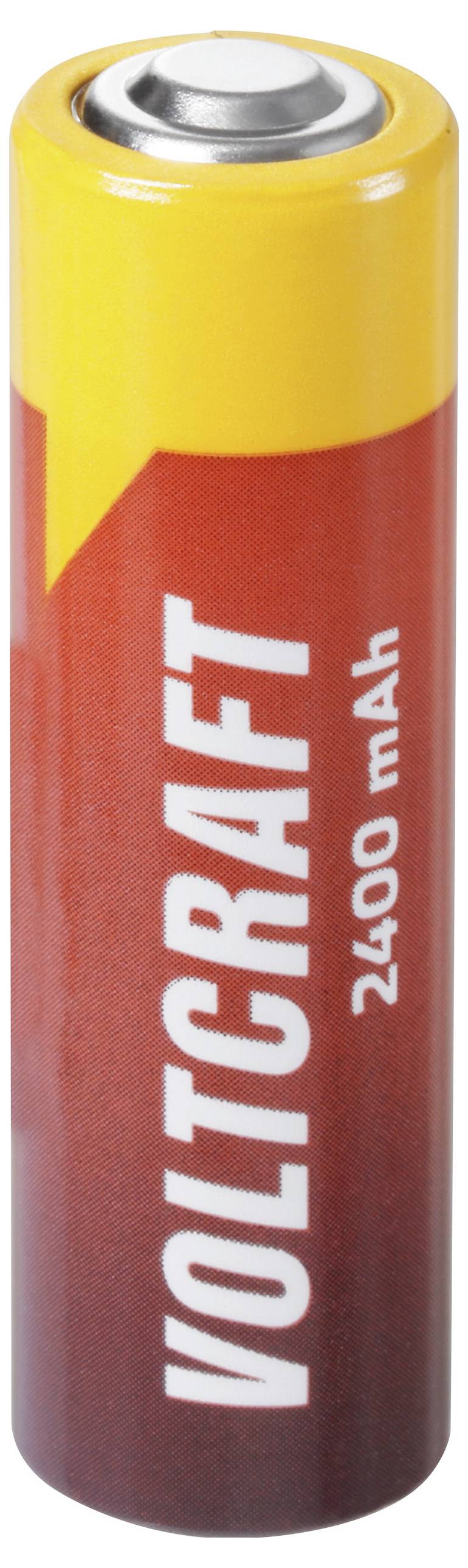 Žluto-červená baterie Voltraft 2400 mAh se stříbrným víčkem, zobrazená vzpřímeně na jednoduchém pozadí.