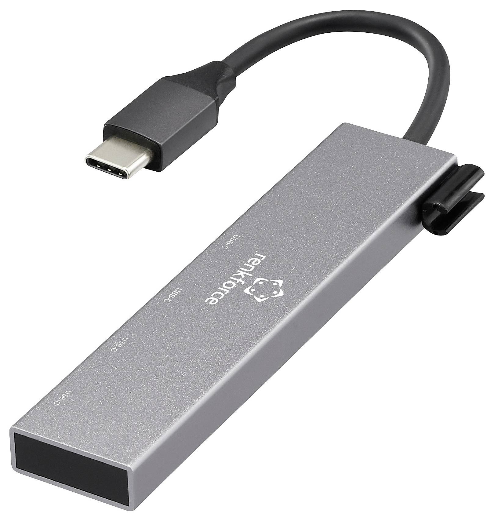 Stříbrný USB-C adaptér s ethernetovým portem a připojeným kabelem, který má na sobě vyobrazeno firemní logo.