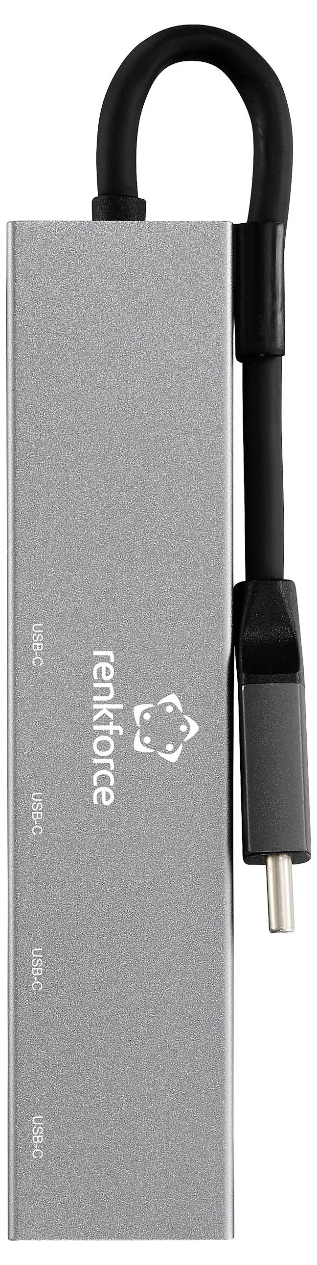 Víceportový adaptér USB-C od společnosti Renkforce s kovovým pouzdrem, který nabízí tři označené porty pro připojení HDMI, VGA a USB-A.