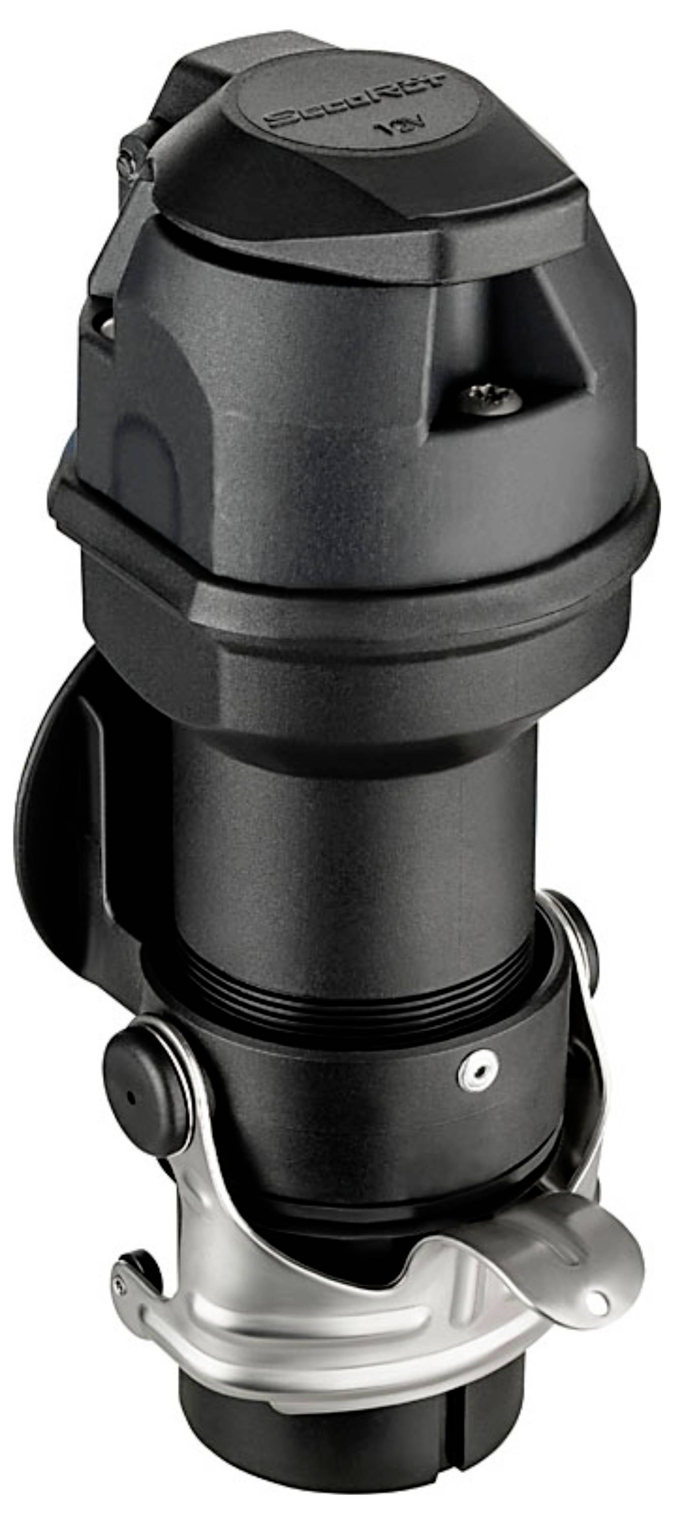 Průmyslový černostříbrný konektor s robustním, ergonomickým designem, určený pro bezpečné a efektivní propojení napájení nebo dat.