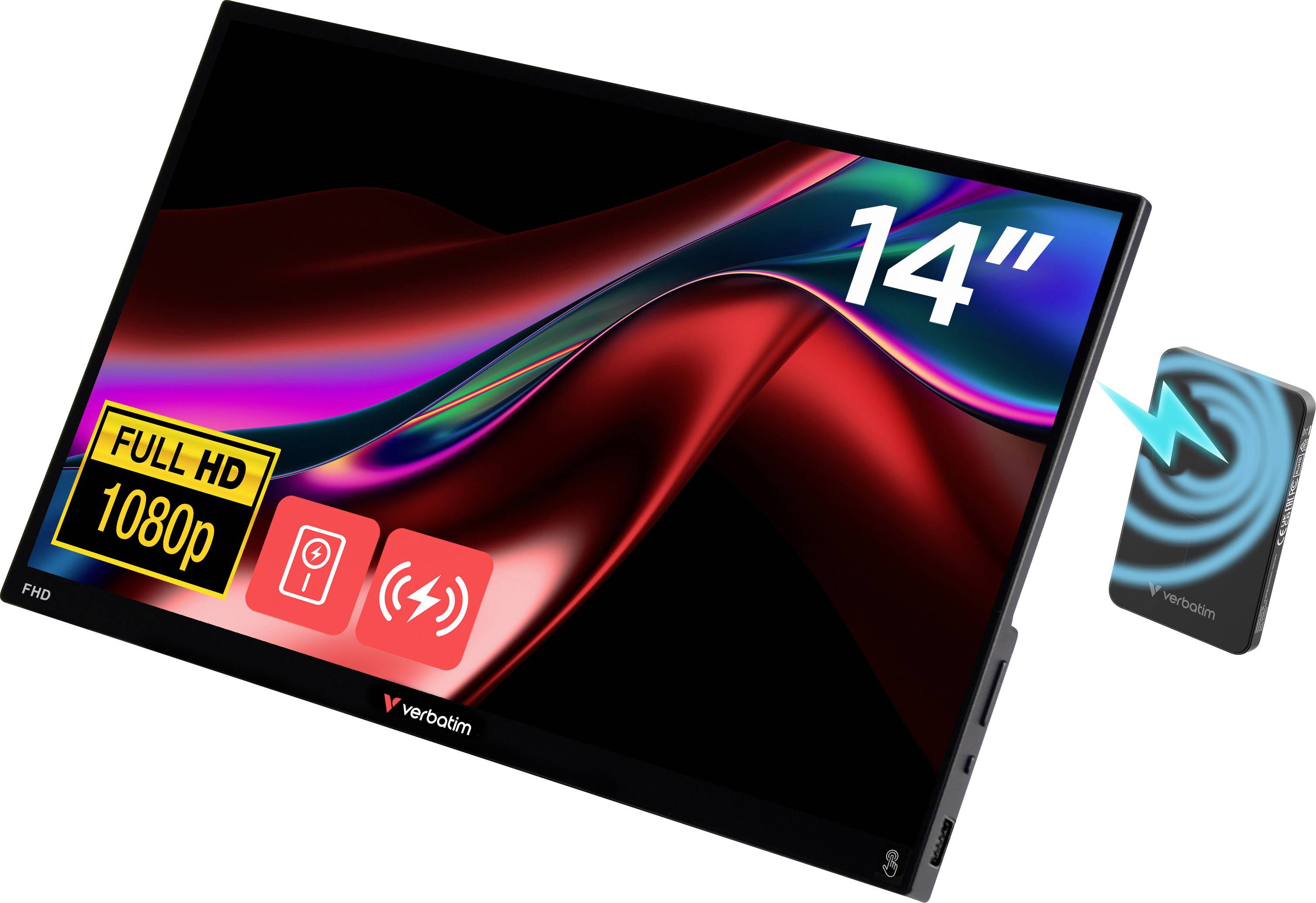 Přenosný 14" monitor s Full HD 1080p rozlišením v červeno-černém designu, zobrazující ikony kamery a bezdrátového nabíjení a malé připojené zařízení.