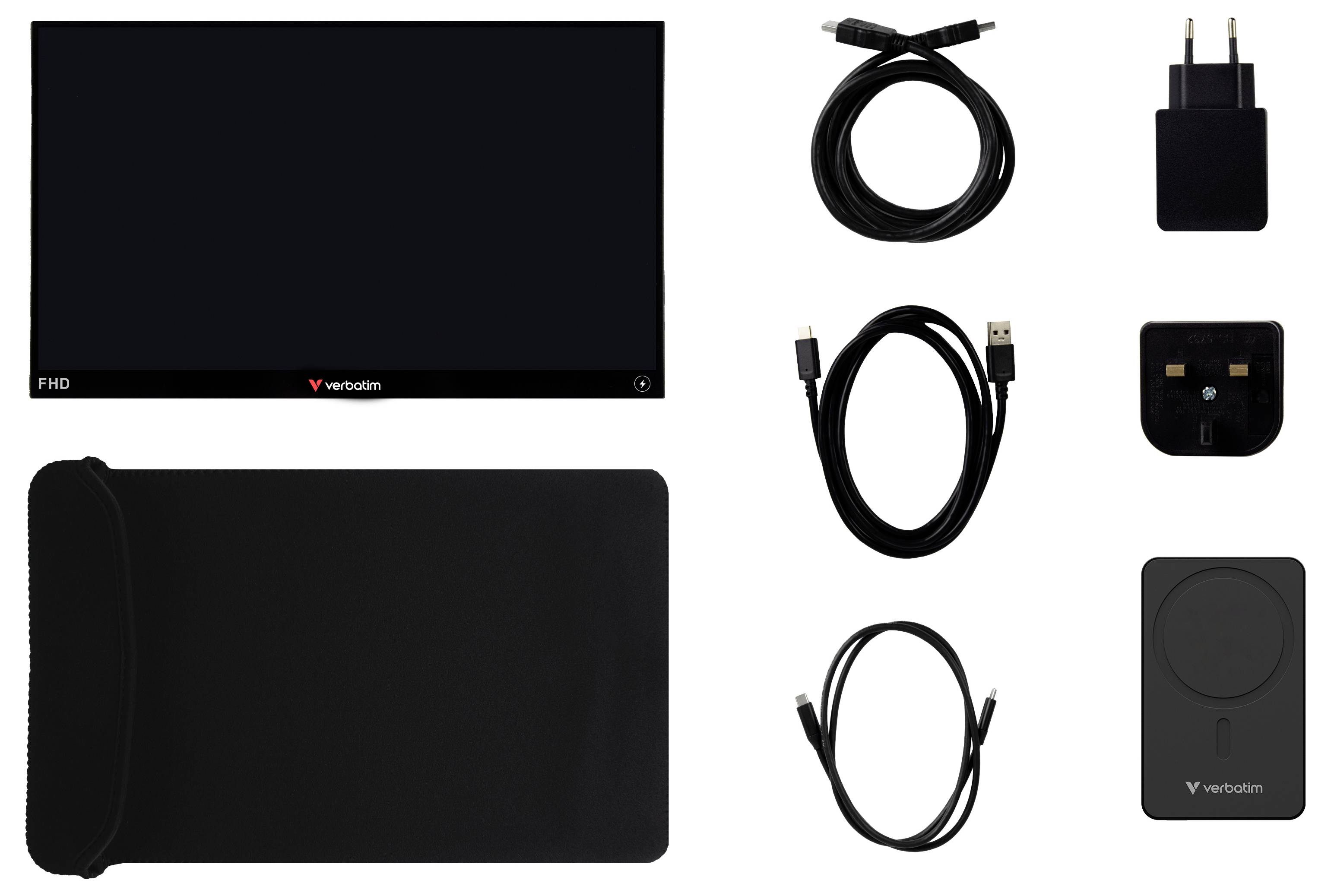 Displej Verbatim FHD s černým ochranným pouzdrem, dva USB-C kabely, USB adaptér, síťový adaptér a bezdrátová nabíjecí podložka.