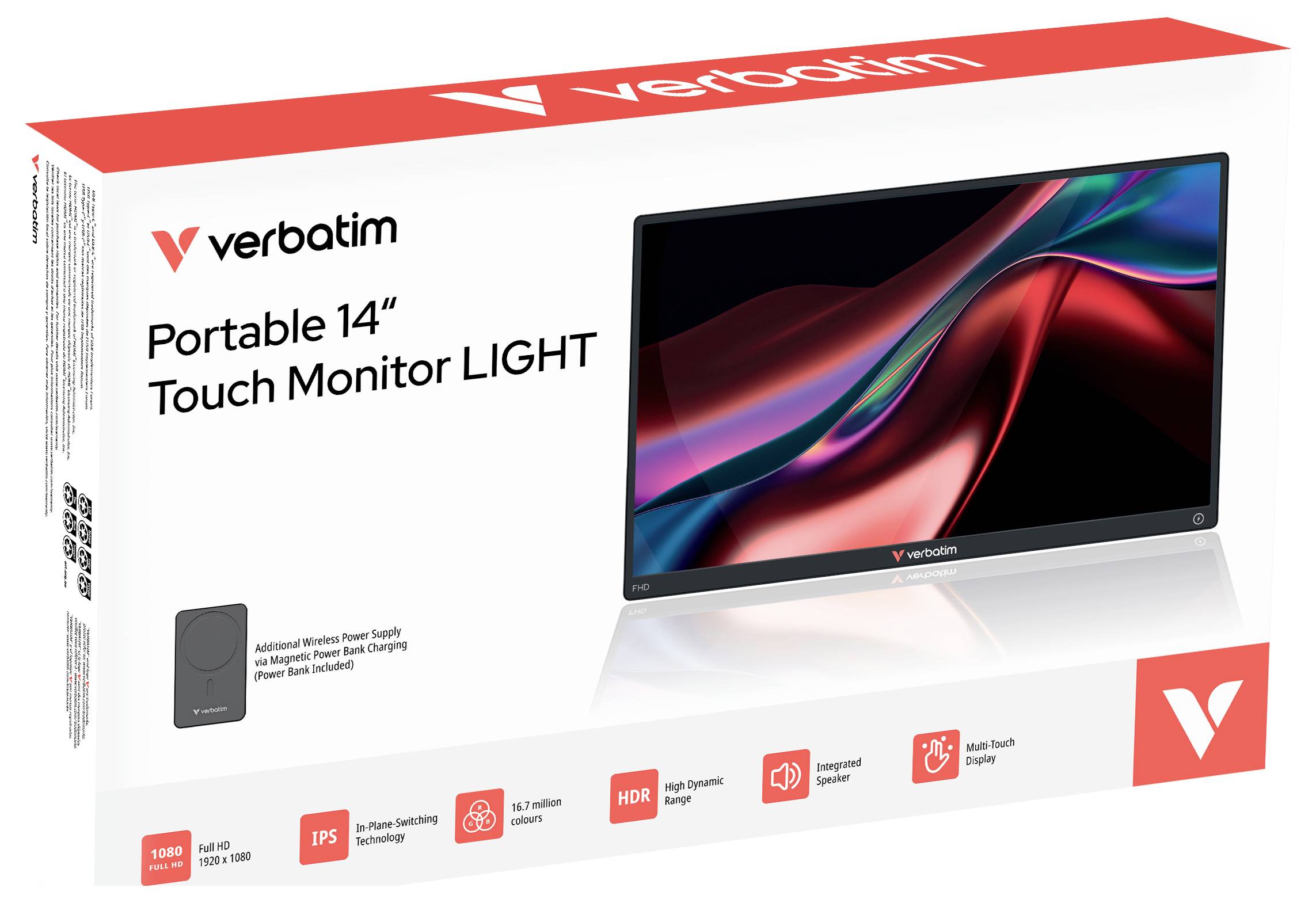 Přenosný 14" dotykový monitor Verbatim s reklamní krabicí znázorňující produktové vlastnosti, včetně displeje IPS, HDR a připojení USB-C.