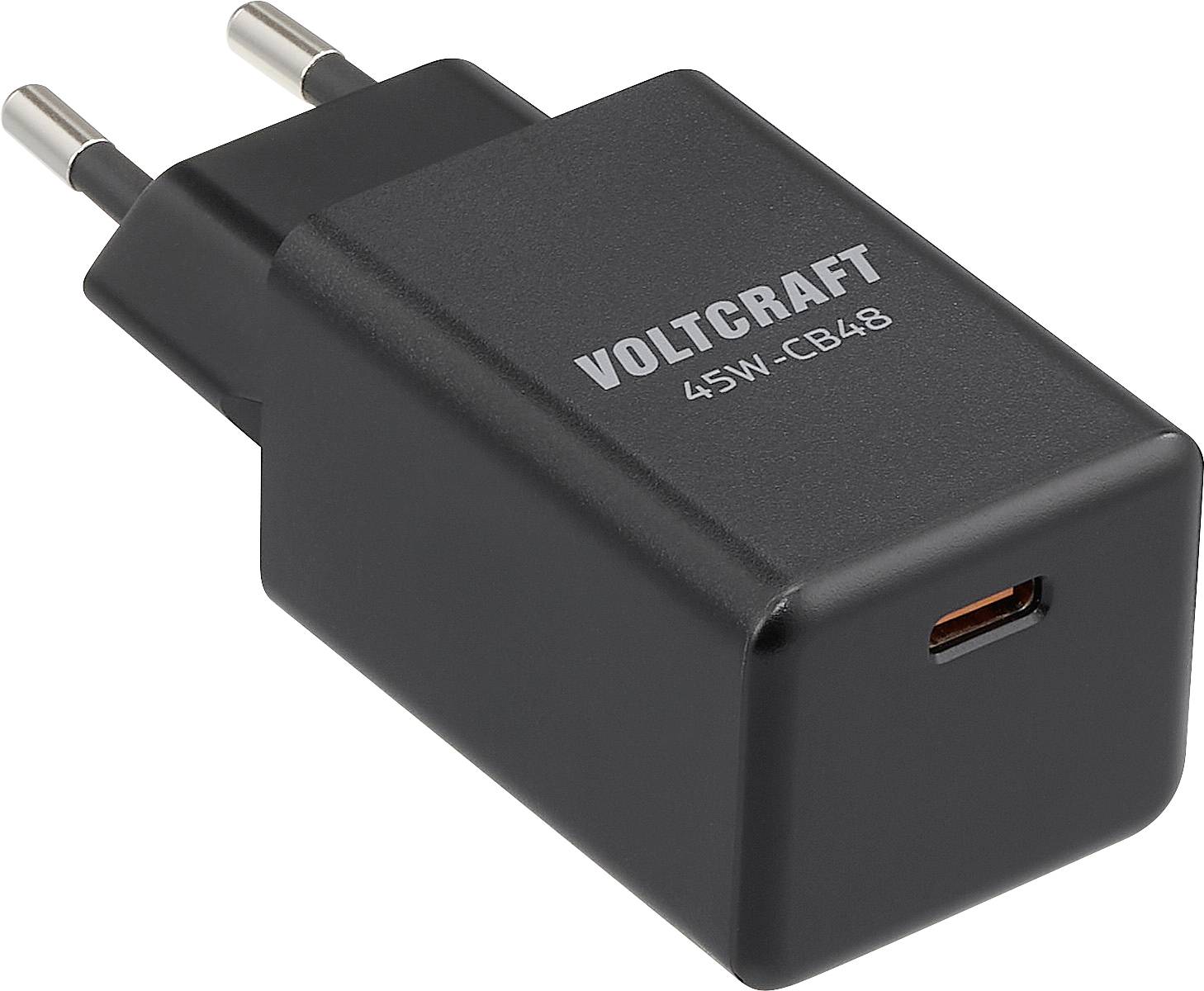 Černá síťová nabíječka Voltcraft 45W s USB-C a dvěma evropskými kolíky, vhodná pro nabíjení zařízení s USB-C.