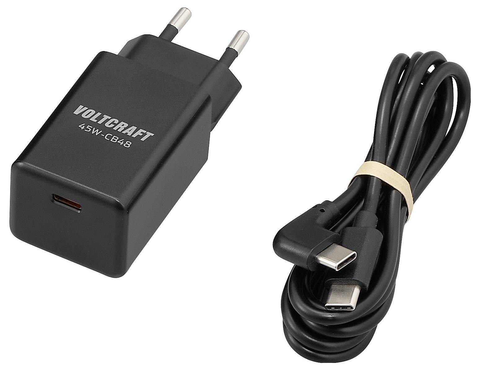 Napájecí adaptér Voltcraft 45W-CB48 v černé barvě s eurozástrčkou vedle svinutého USB-C kabelu, navržený pro efektivní nabíjecí řešení.