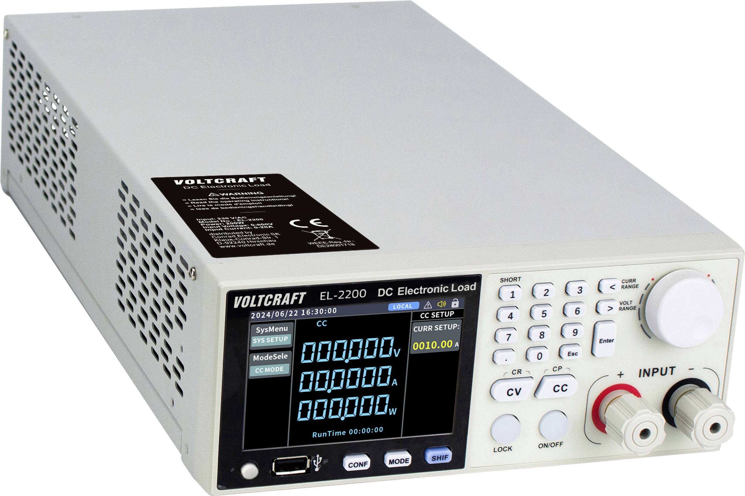 Voltmetr označený jako 'Voltcraft EL-2200 DC Elektronická zátěž' zobrazuje měření na displeji a má vstupy a ovládací tlačítka.