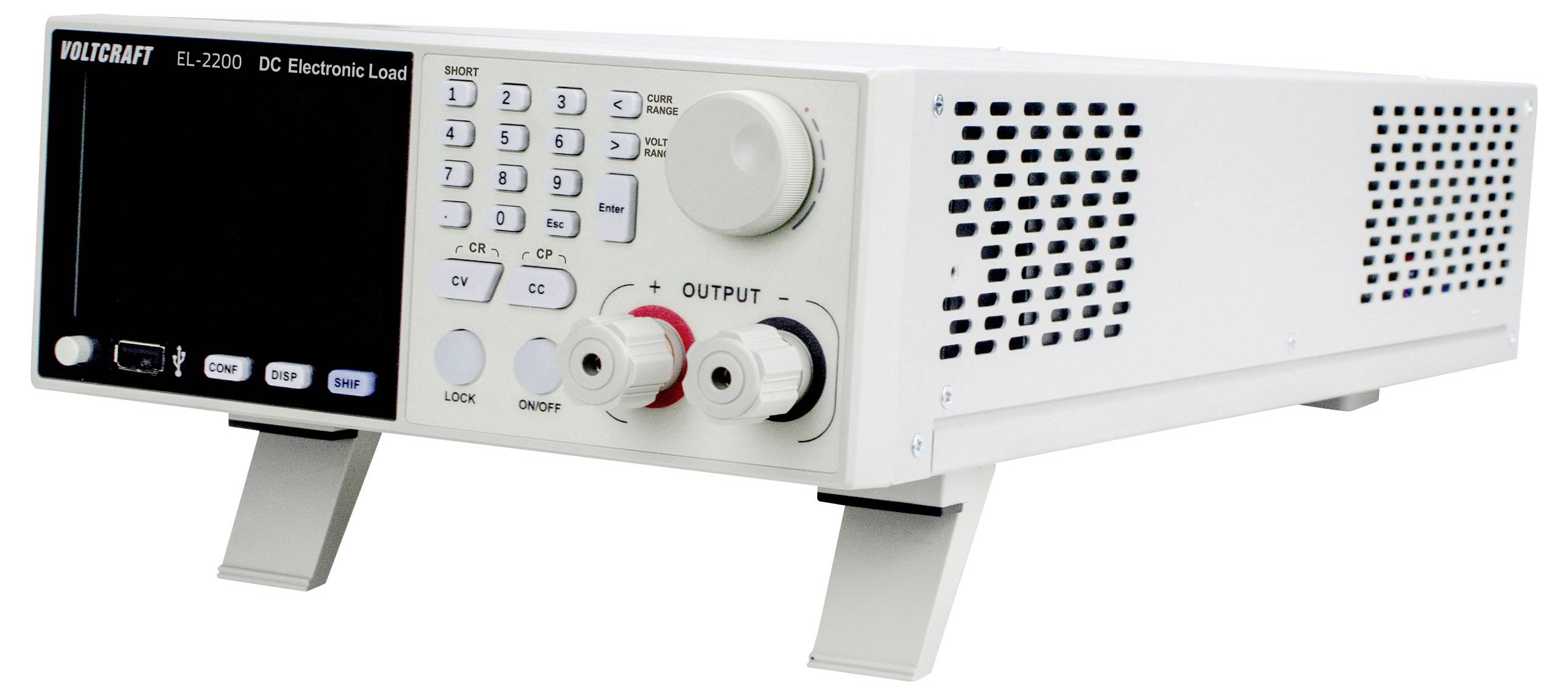 Elektronické zařízení Voltcraft DL-2200 se ovládacími tlačítky a knoflíky je mírně nakloněno doprava a jsou na něm viditelné vstupní a výstupní svorky.