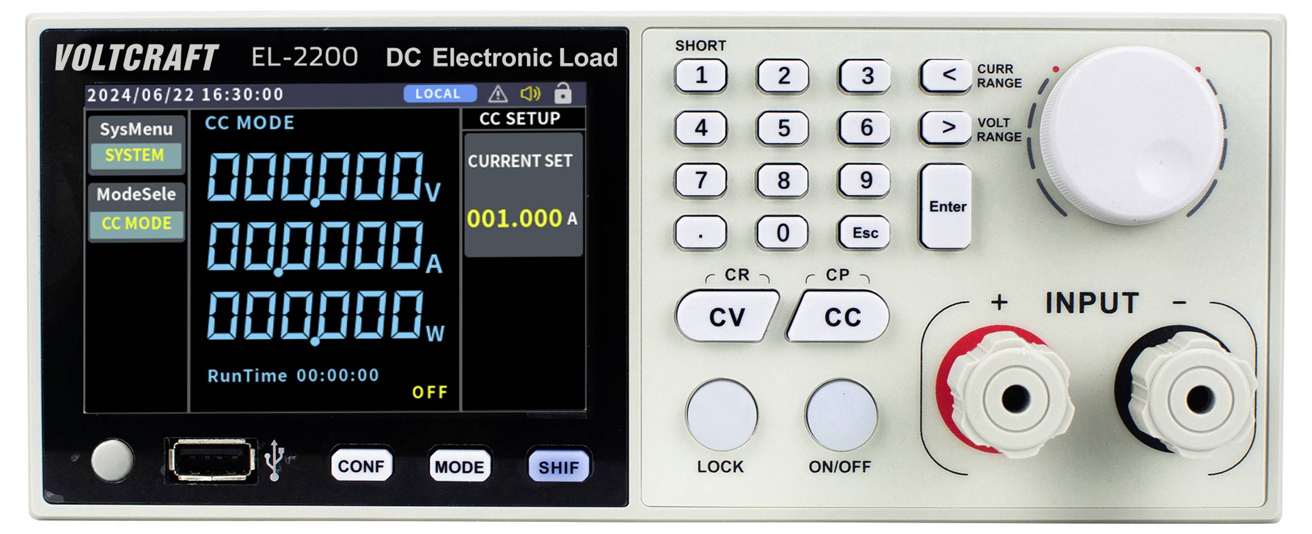 Voltcraft EL-2200 DC elektronická zátěž s digitálním displejem, tlačítky pro nastavení a vstupními svorkami pro měření výkonu.