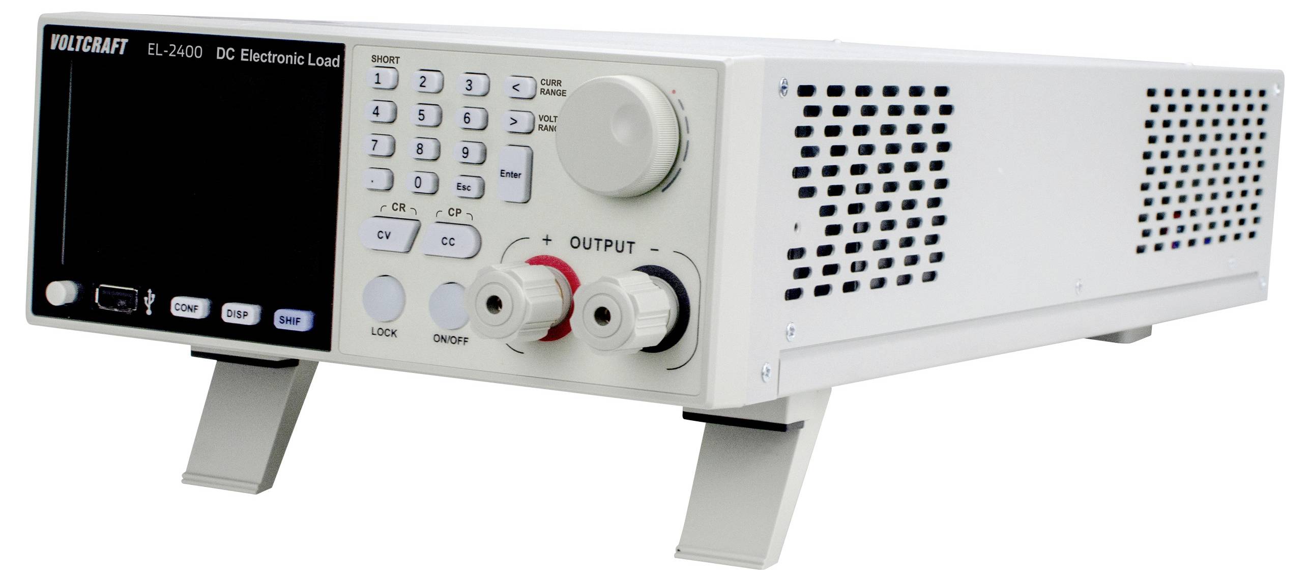 Pravoúhlé DC elektronické zařízení pro zátěž s displejem, ovládacími tlačítky a červenými a černými knoflíky pro výstupní připojení.
