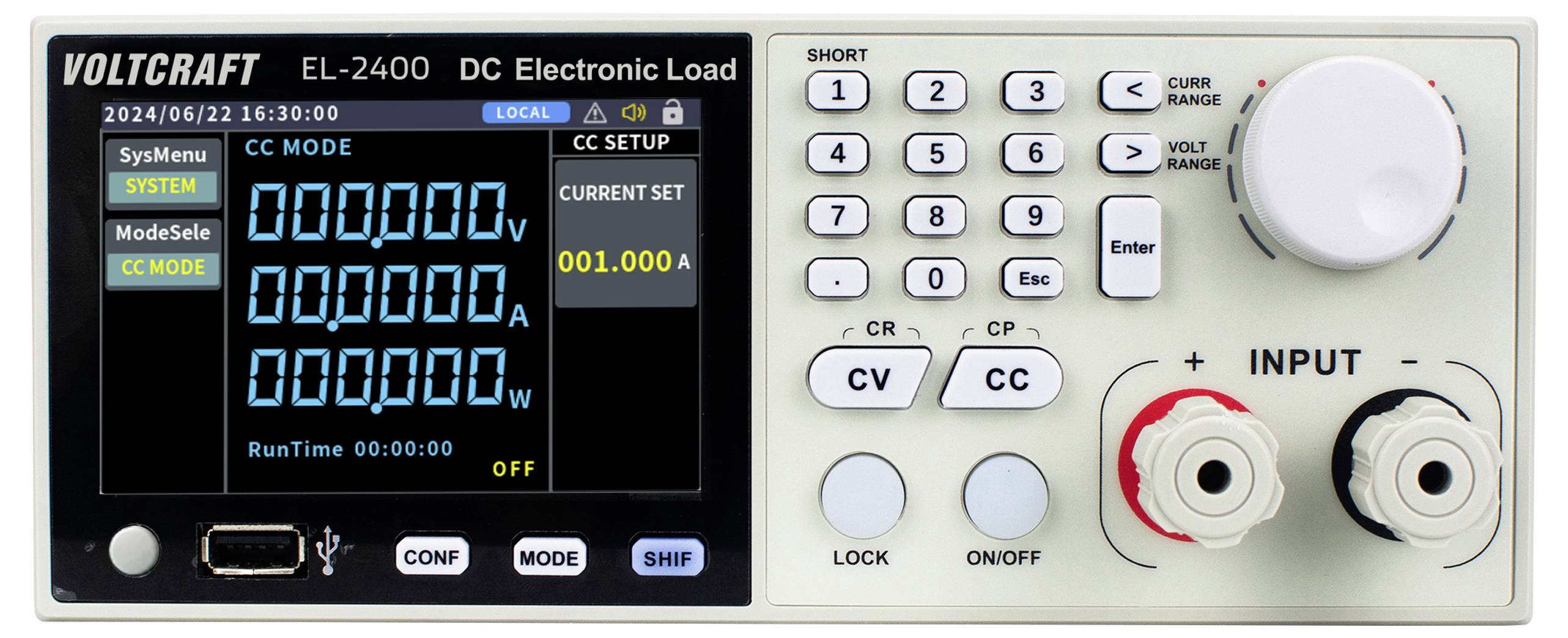 Elektronická zátěž VOLTCRAFT EL-2400 DC s digitálním displejem zobrazujícím aktuální nastavení a ovládací prvky pro různé funkce.