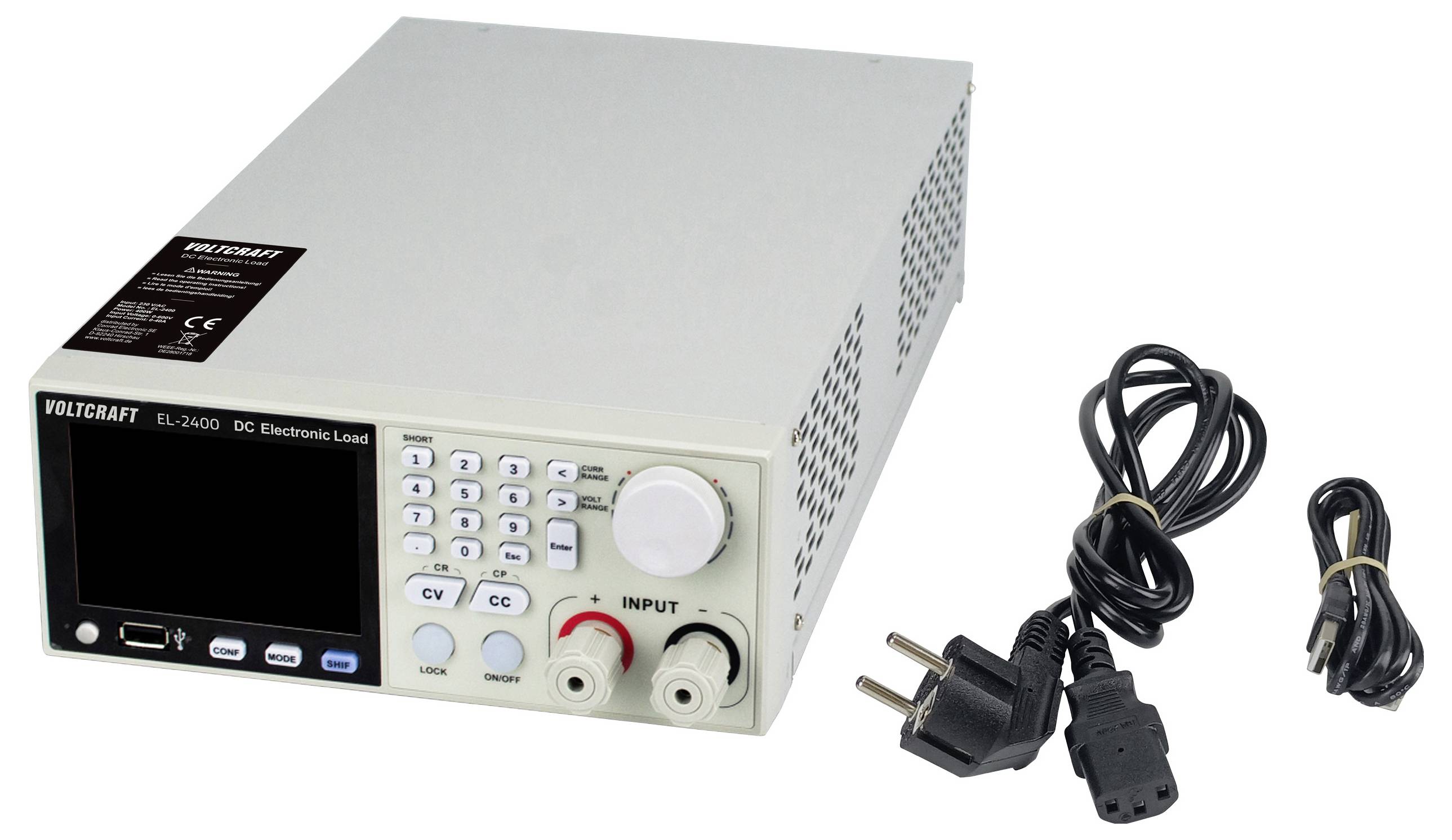 Elektronická zátěž Voltcraft EL-2400 DC s digitálním displejem, různými ovládacími tlačítky a vstupními svorkami. Součástí dodávky jsou napájecí kabely.