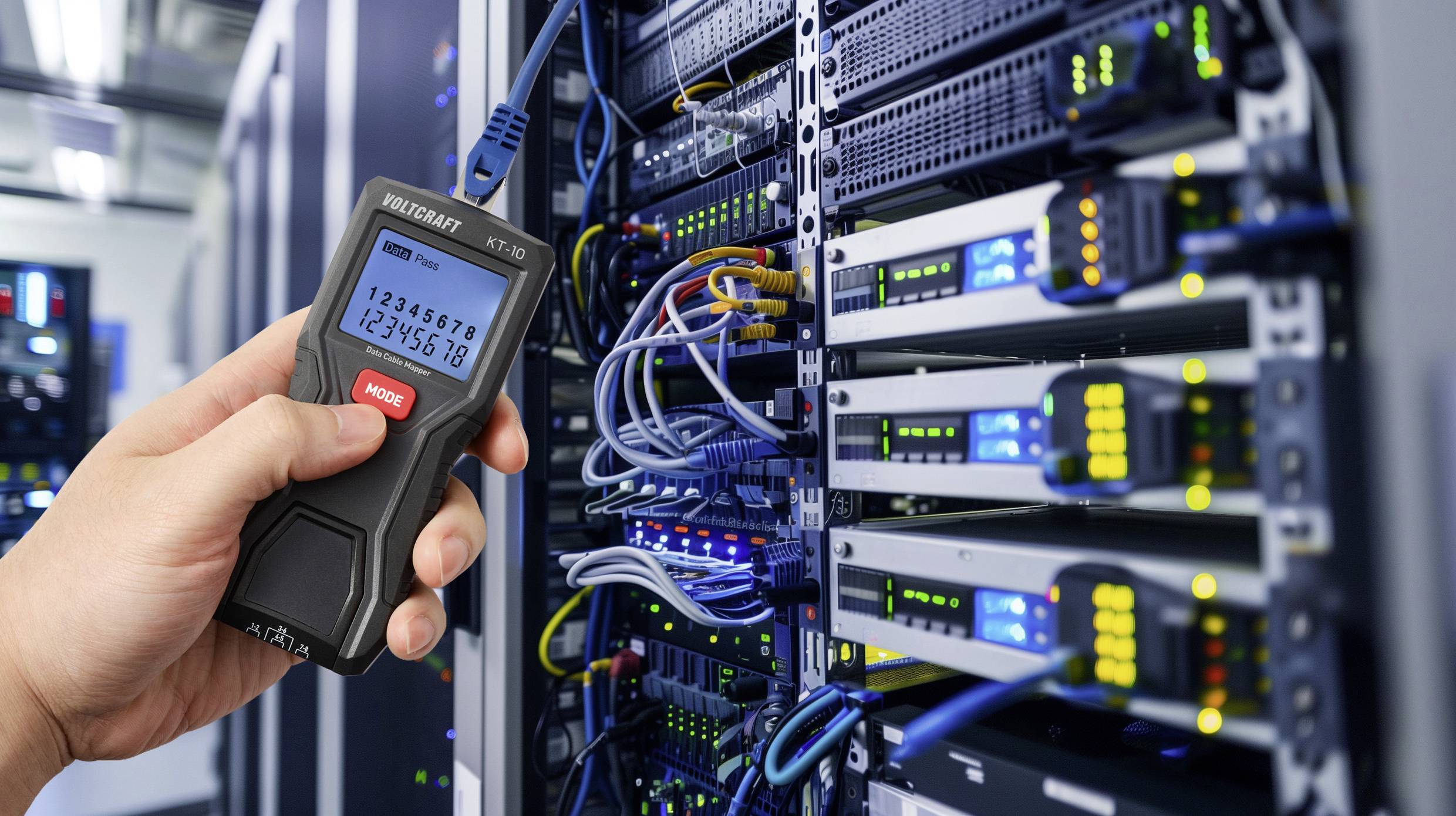 Ruka držící kabelový tester, kontrolující připojení v serverovně. Serverové racky s několika kabely a LED indikátory jsou viditelné.