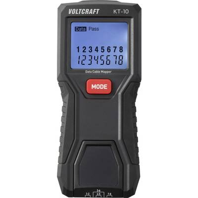 Kabelový tester 'Voltcraft KT-10' s digitálním displejem zobrazujícím výsledky testu 'Pass' a očíslovanými přípoji 1 až 8.
