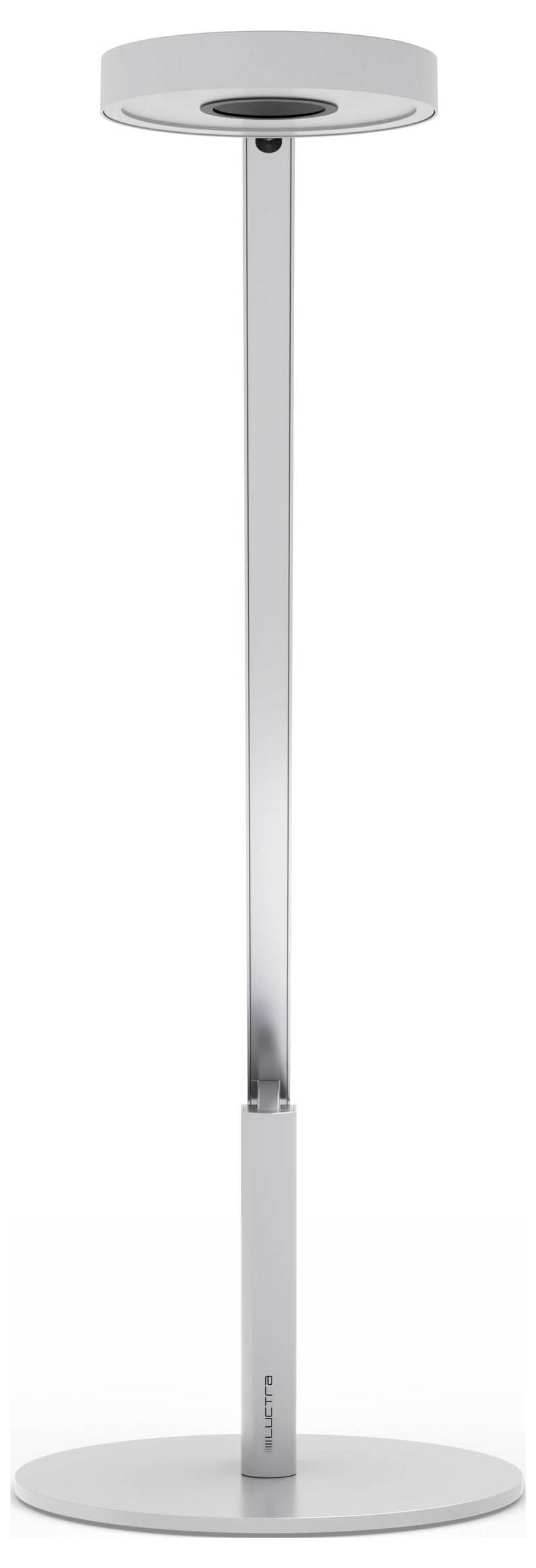 Moderní minimalistická stojací lampa s kulatou základnou a stínítkem, osazená štíhlou přímou tyčí ve stříbrné barvě.