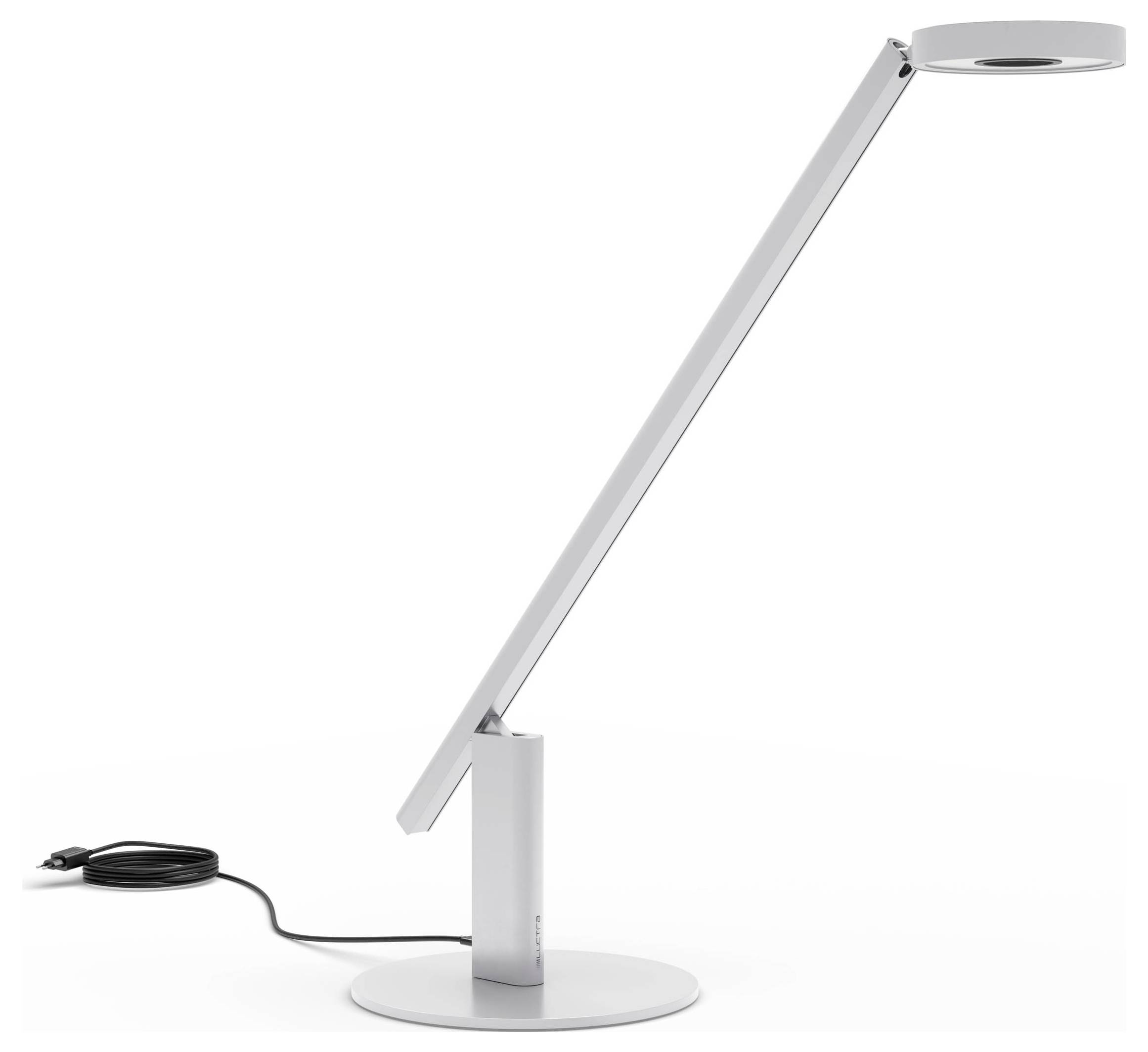 Elegantní, moderní stolní lampa s tenkou kovovovou konzolí a kruhovým stínítkem, vybavená nastavitelným krkem a napájecím kabelem vedoucím z podstavce.