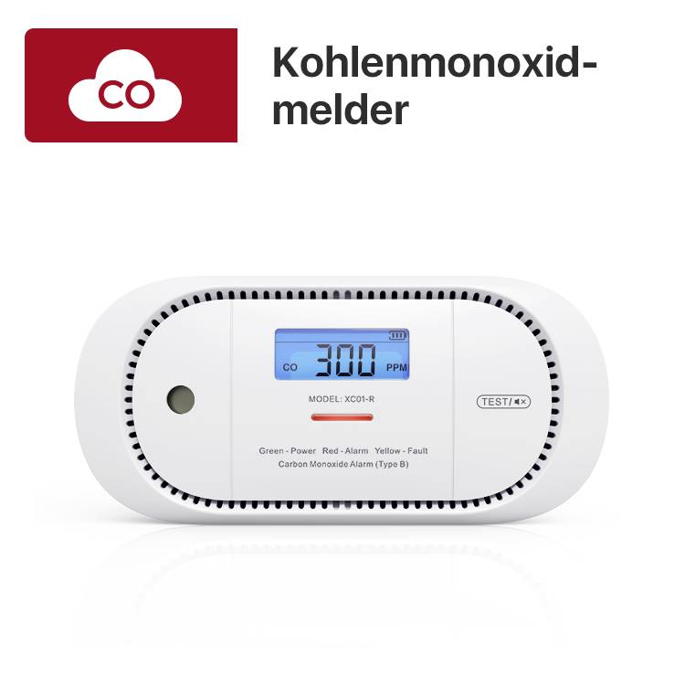 Detektor oxidu uhelnatého s digitálním displejem ukazuje '300 ppm'. Červená oblast signalizuje nebezpečí. Vlevo nahoře symbol 'CO'.