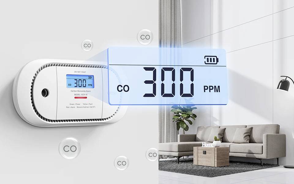 Detektor oxidu uhelnatého zobrazující 'CO 300 PPM' v moderním obývacím pokoji, což signalizuje vysokou koncentraci oxidu uhelnatého.