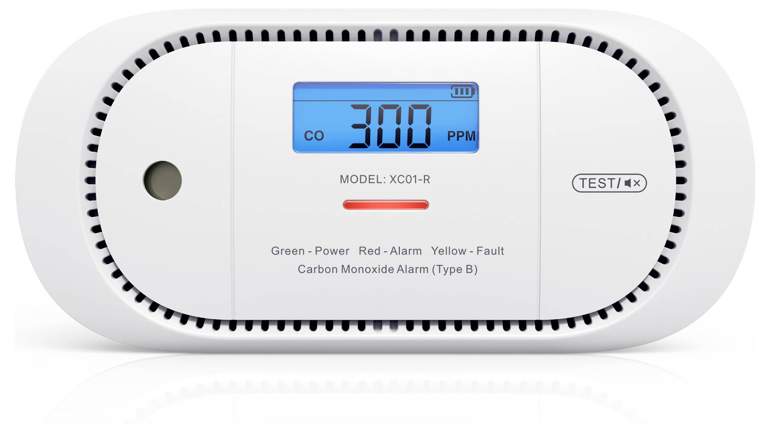Detektor oxidu uhelnatého zobrazující '300 PPM' na digitálním displeji s testovacím tlačítkem, model XC01-R; indikuje zvýšené hladiny CO.