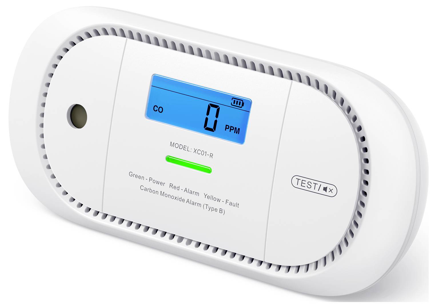Nástěnný detektor oxidu uhelnatého s digitálním displejem zobrazujícím 'CO 0 PPM', který signalizuje, že oxid uhelnatý nebyl detekován.