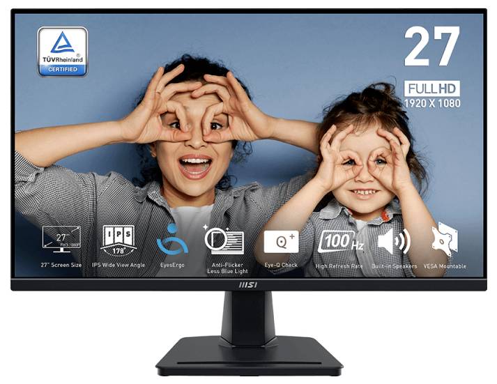 Žena a dítě před monitorem, oba se usmívají a vytvářejí si brýle z rukou. Na monitoru jsou zobrazeny náložky funkcí.