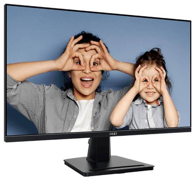 Monitor zobrazuje fotografii ženy a dítěte, kteří se usmívají a dělají hravým způsobem rukami gesta připomínající brýle před svýma očima.