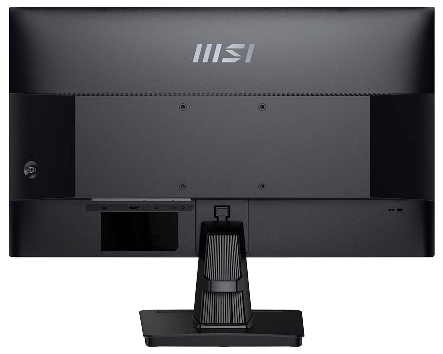 Černý počítačový monitor MSI pohledem zezadu, zobrazující stojan a logo uprostřed v horní části.