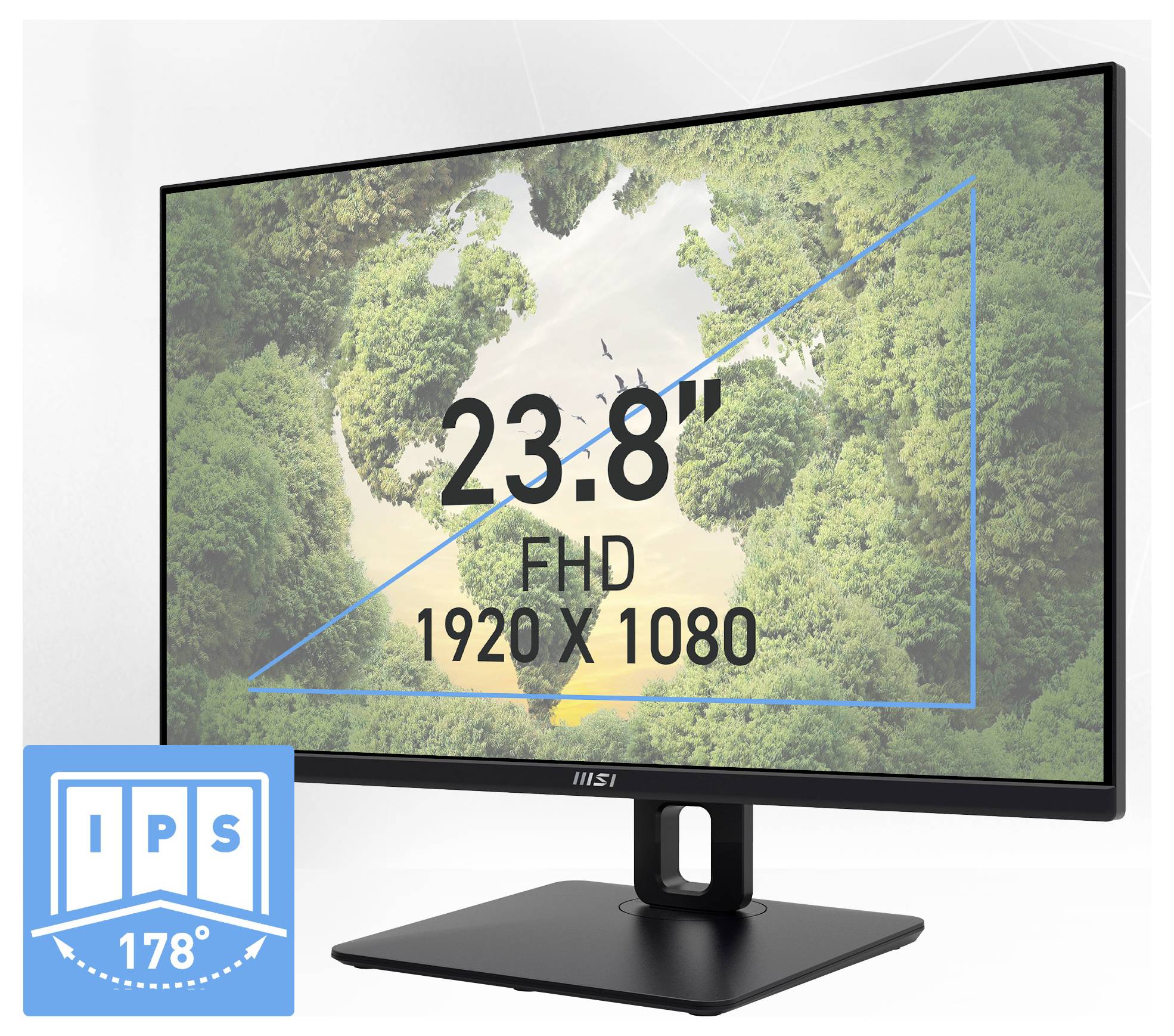 23,8palcový Full HD monitor zobrazující panoramatický letecký pohled na zelené listí a řeku. Obrazovka disponuje technologií IPS s úhlem pohledu 178 stupňů.