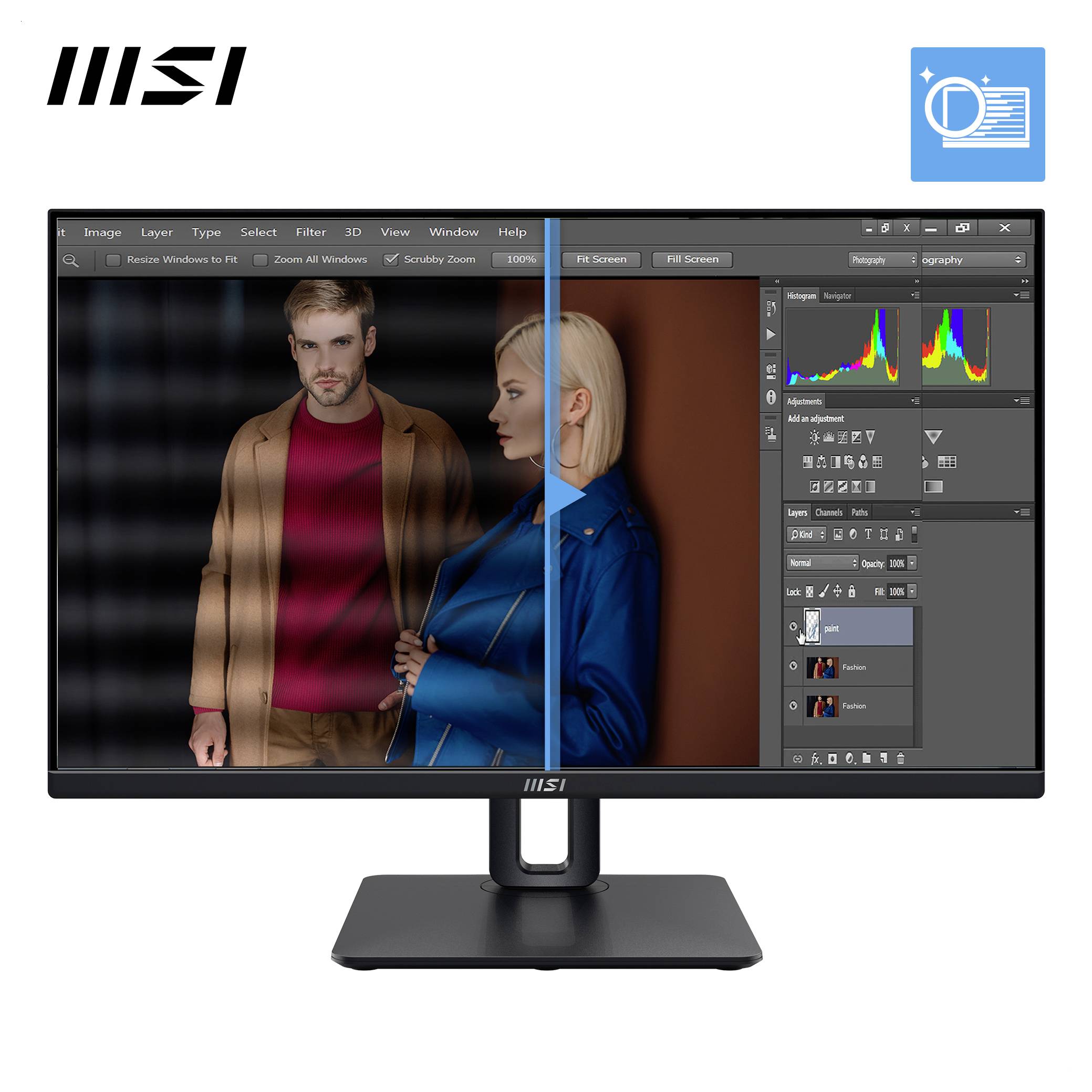 Na monitoru MSI je zobrazený software pro úpravu fotografií, který ukazuje snímek dvou osob v módním oblečení. Vpravo jsou viditelné různé nástroje pro úpravy a histogram.