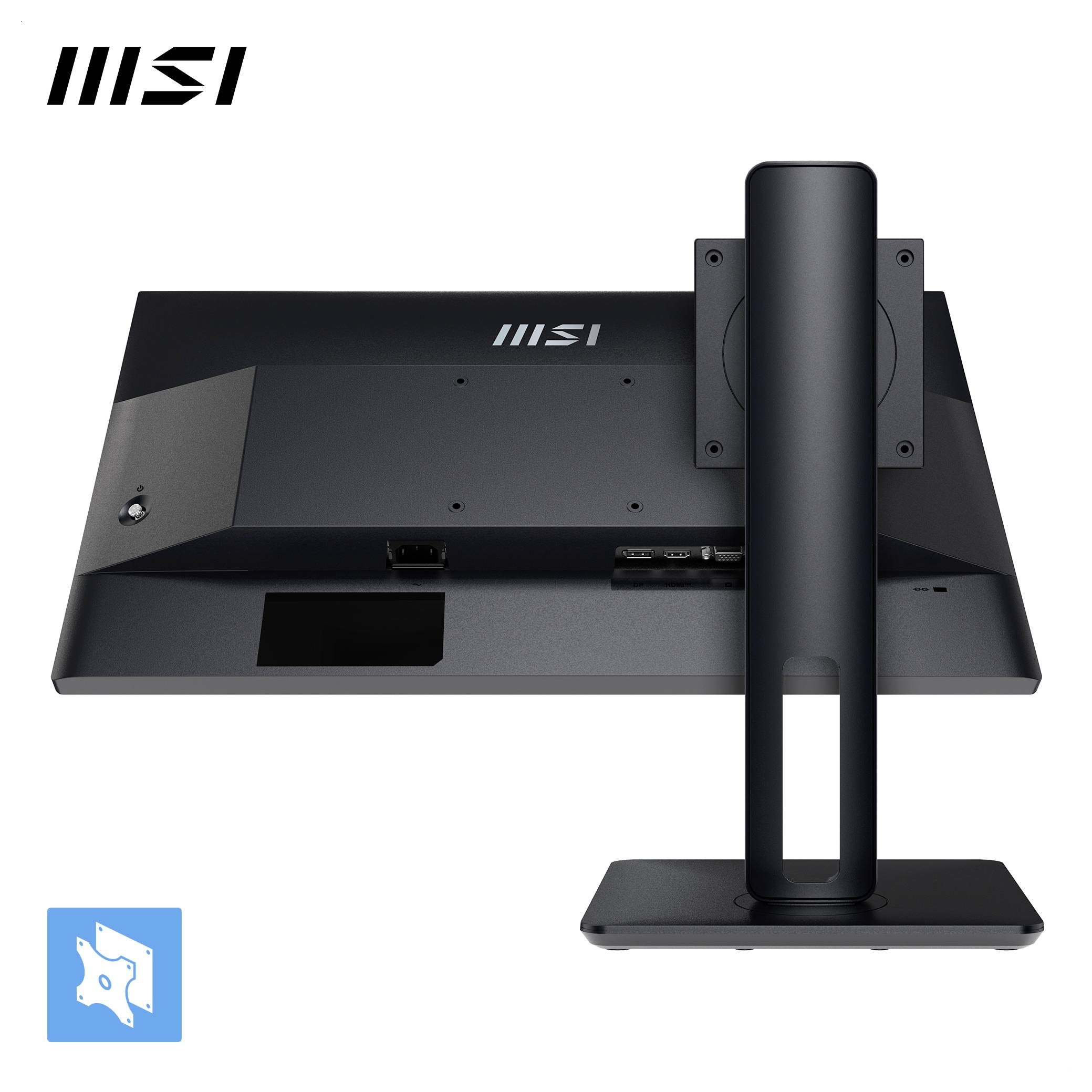 Obrázek ukazuje zadní pohled na monitor MSI se stojanem, který ilustruje konektivní porty a kompatibilitu s uchycením VESA.