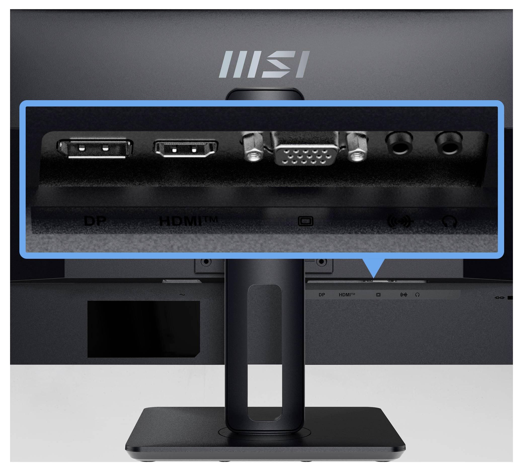 Pohled zezadu na monitor MSI zobrazující vstupní porty: DisplayPort (DP), HDMI, VGA a audio vstup/výstup, zvýrazněné modrým rámečkem.