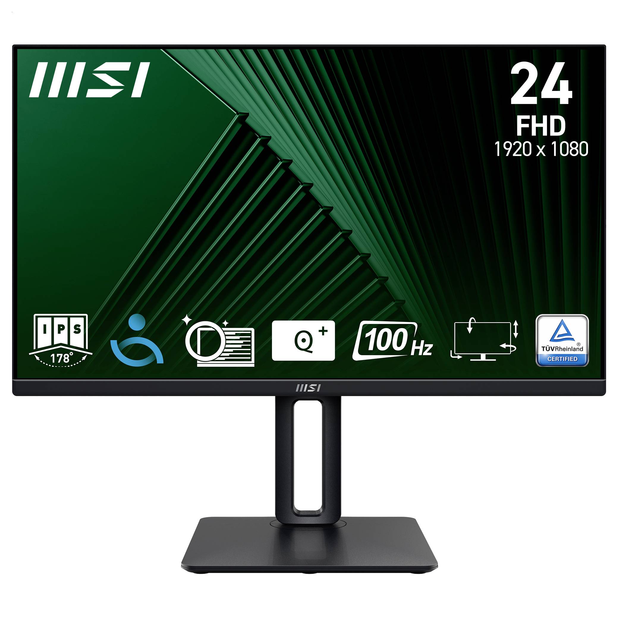 Monitor zobrazující logo MSI, '24 FHD', '1920 x 1080', s ikonami pro 178° pozorovací úhel, anti-flicker, náklon, '100 Hz' a certifikaci TÜV Rheinland.