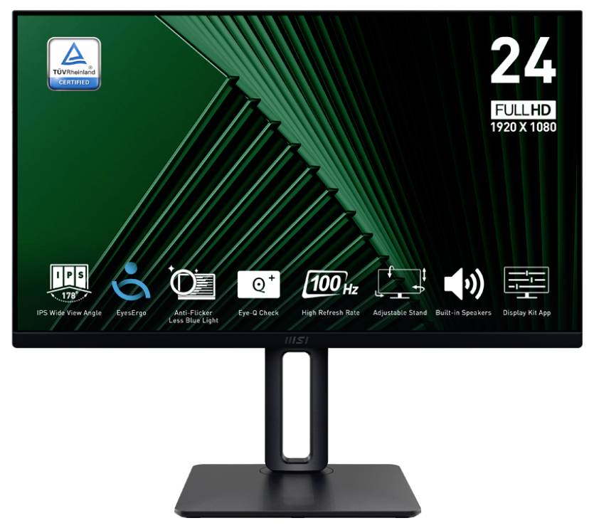 24palcový Full HD monitor s certifikační nálepkou TÜV, který disponuje funkcemi jako je IPS displej se širokým pozorovacím úhlem, technologie proti blikání, obnovovací frekvence 100 Hz a vestavěné reproduktory.