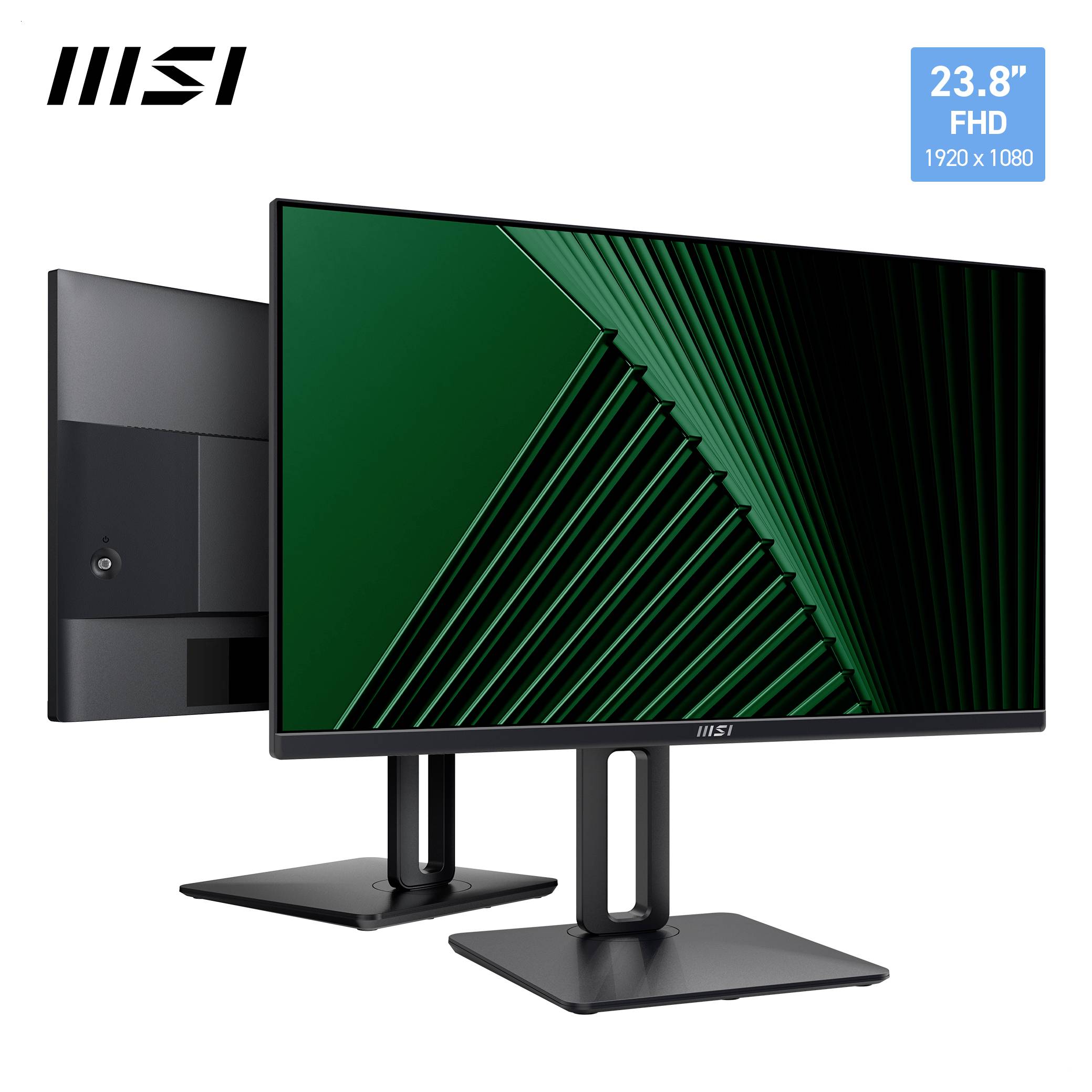23,8palcový monitor MSI zobrazující zelený geometrický vzor. Monitor disponuje Full HD rozlišením 1920 x 1080.