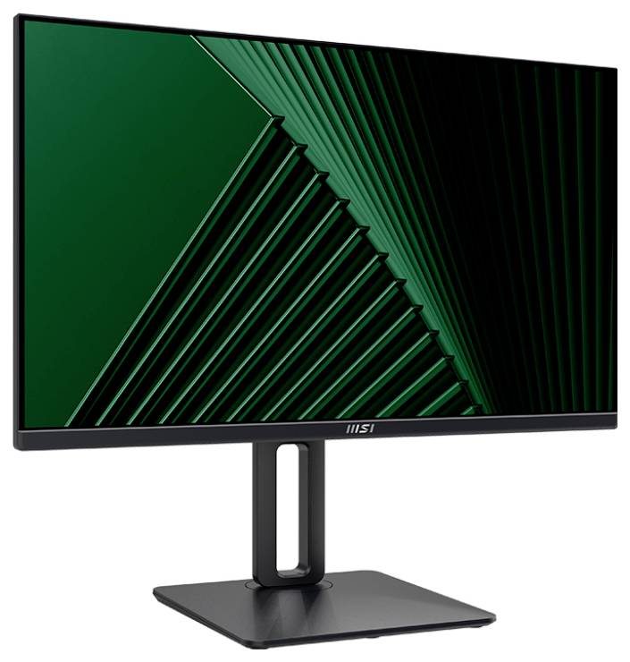 Plochý monitor MSI s moderním designem, zobrazující geometrické zelené vzory, stojí na obdélníkovém podstavci na bílém pozadí.