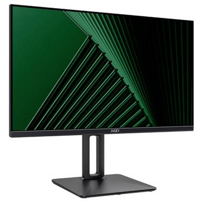Plochý monitor MSI s moderním designem, zobrazující geometrické zelené vzory, stojí na obdélníkovém podstavci na bílém pozadí.