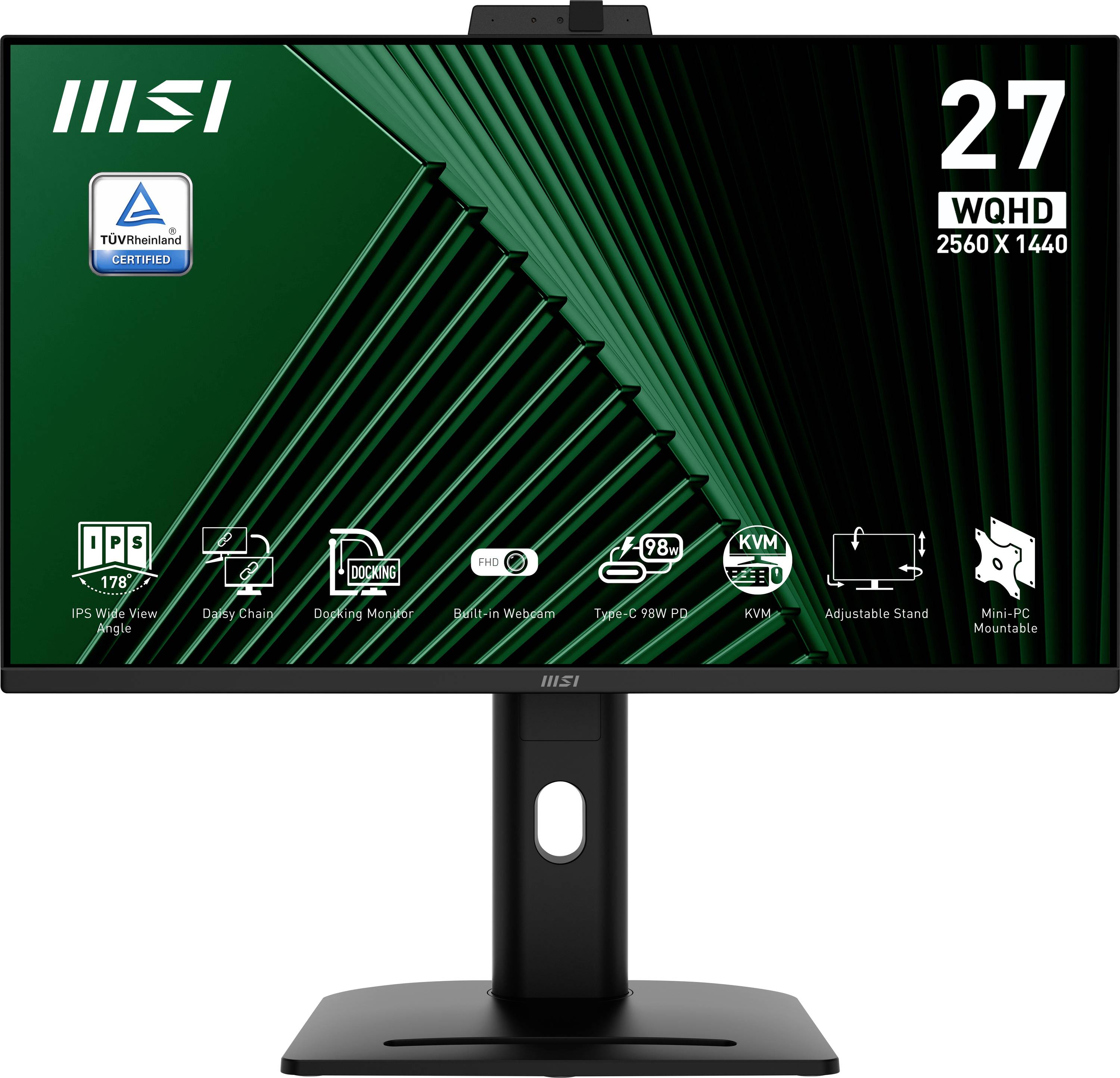 Černý monitor MSI s 27palcovou obrazovkou a rozlišením WQHD 2560x1440, vybavený certifikačním logem TÜV Rheinland pro komfort očí.