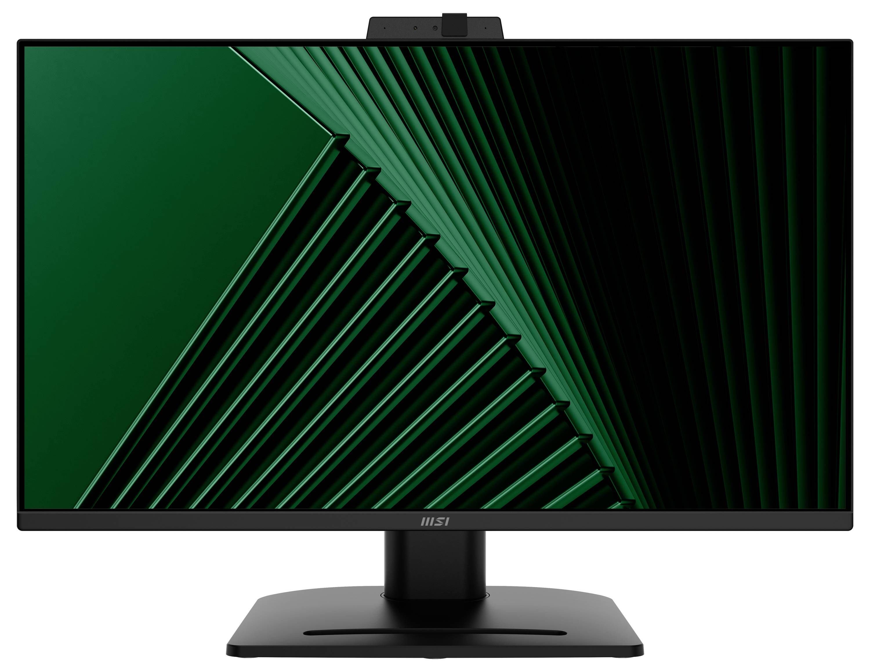 Monitor počítače zobrazující tmavě zelené grafické rozhraní s vrstvícími se diagonálními čárami na černém pozadí.