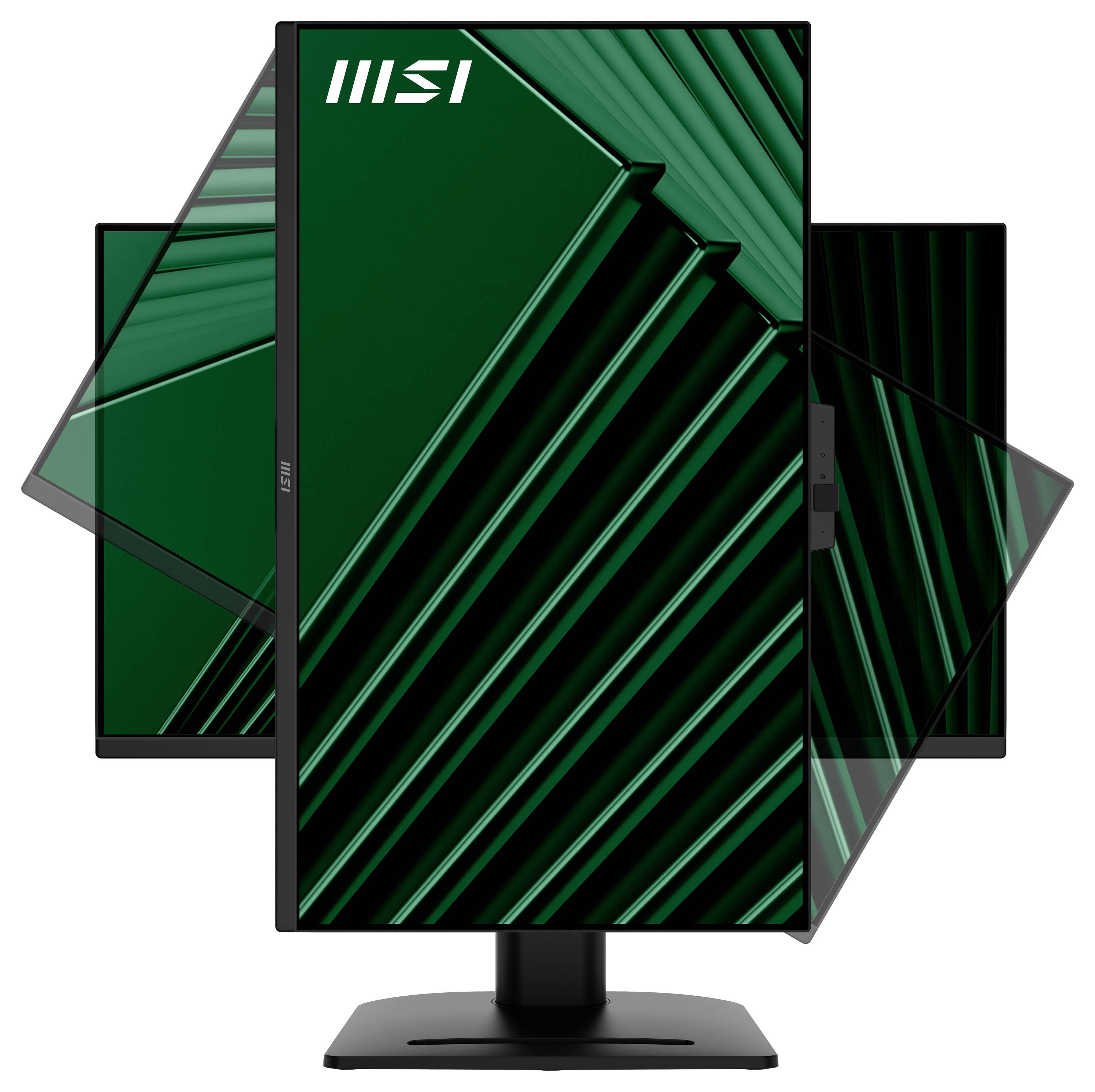 Monitor zobrazující abstraktní zelené diagonální vzory s možnostmi rotačního nastavení, reprezentující ergonomické prvky.