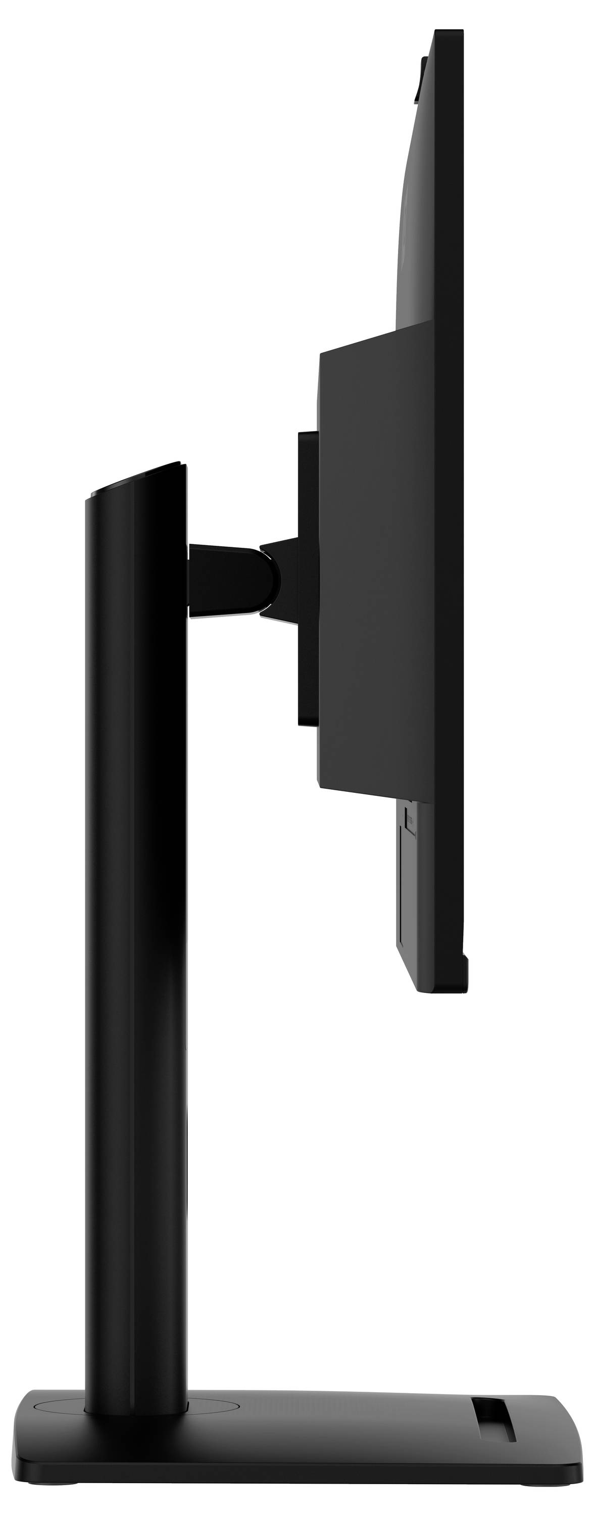 Boční pohled na černý počítačový monitor na stojanu, který ukazuje jeho tenký design a nastavitelnou výškovou funkci.