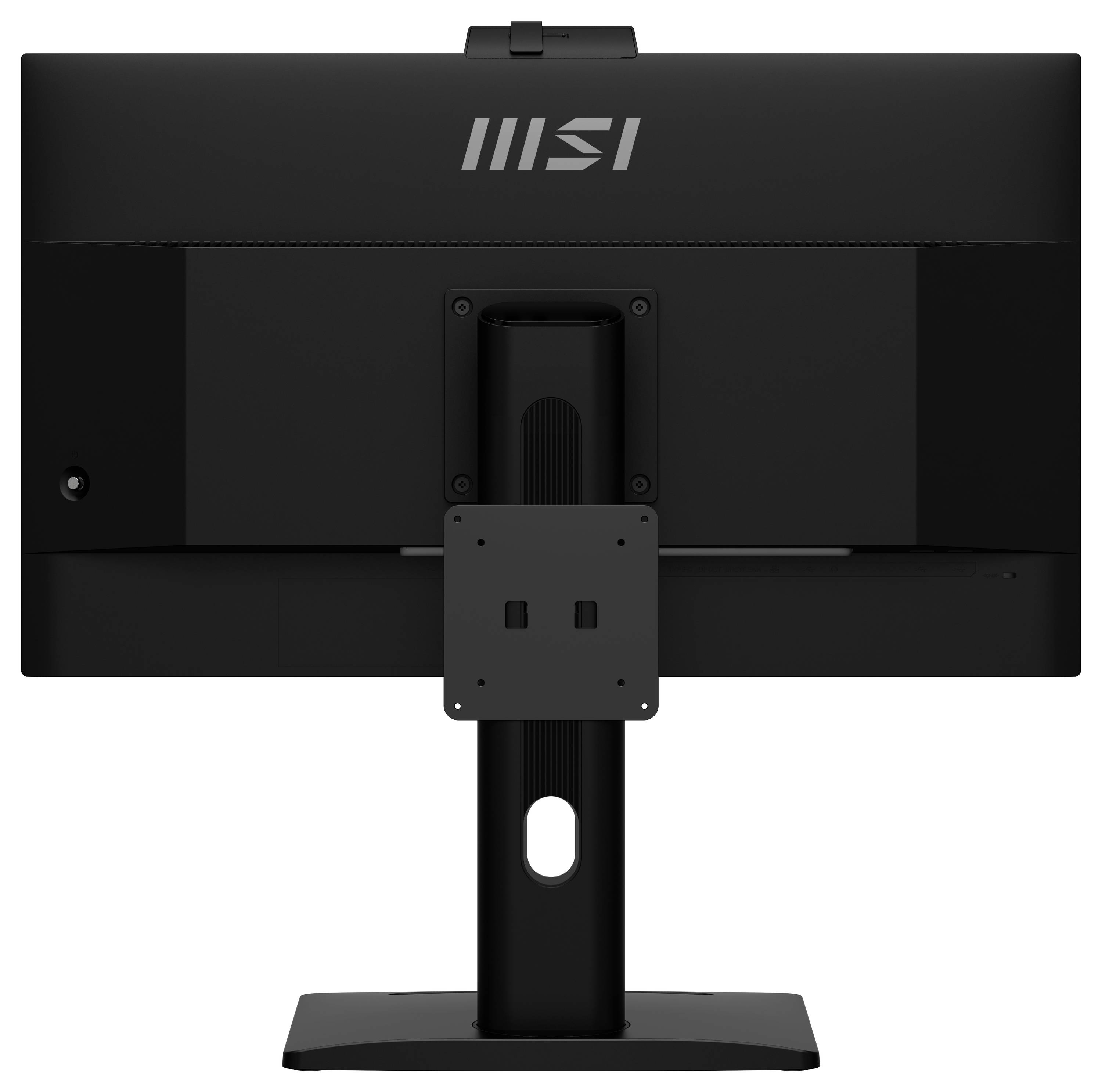 Černý počítačový monitor MSI je zobrazen zezadu, s robustním stojanem a montážním úchytem pro připevnění na zeď nebo rameno.