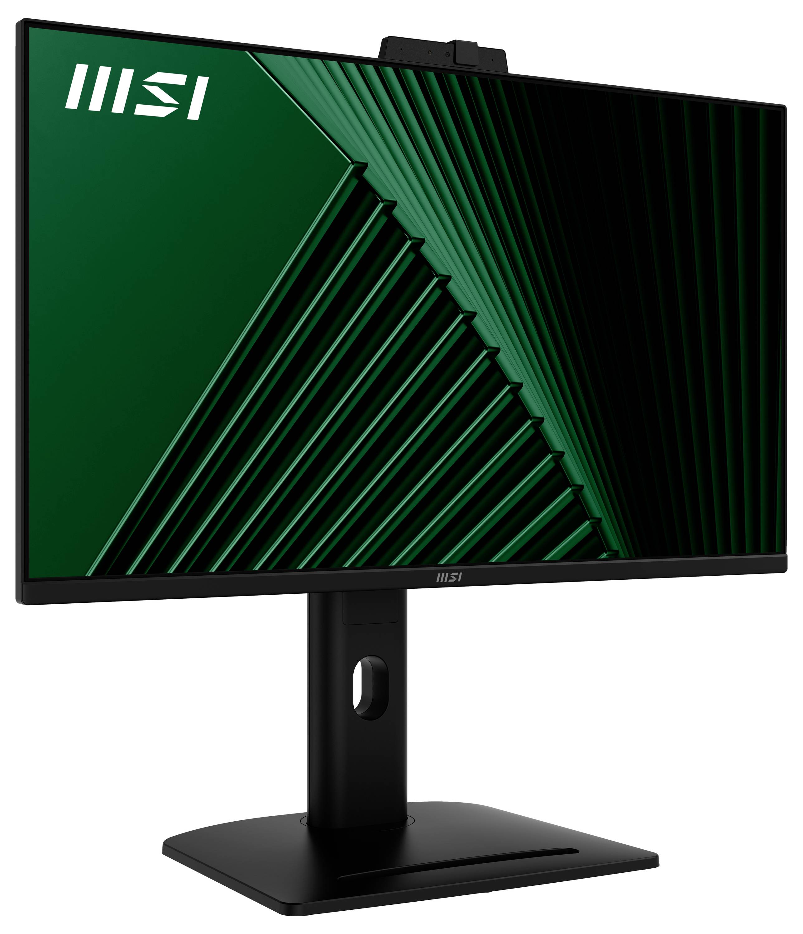 Elegantní monitor MSI s minimalistickým designem, který má tmavou obrazovku s zelenými geometrickými liniemi. Stojan je černý a obdélníkový.