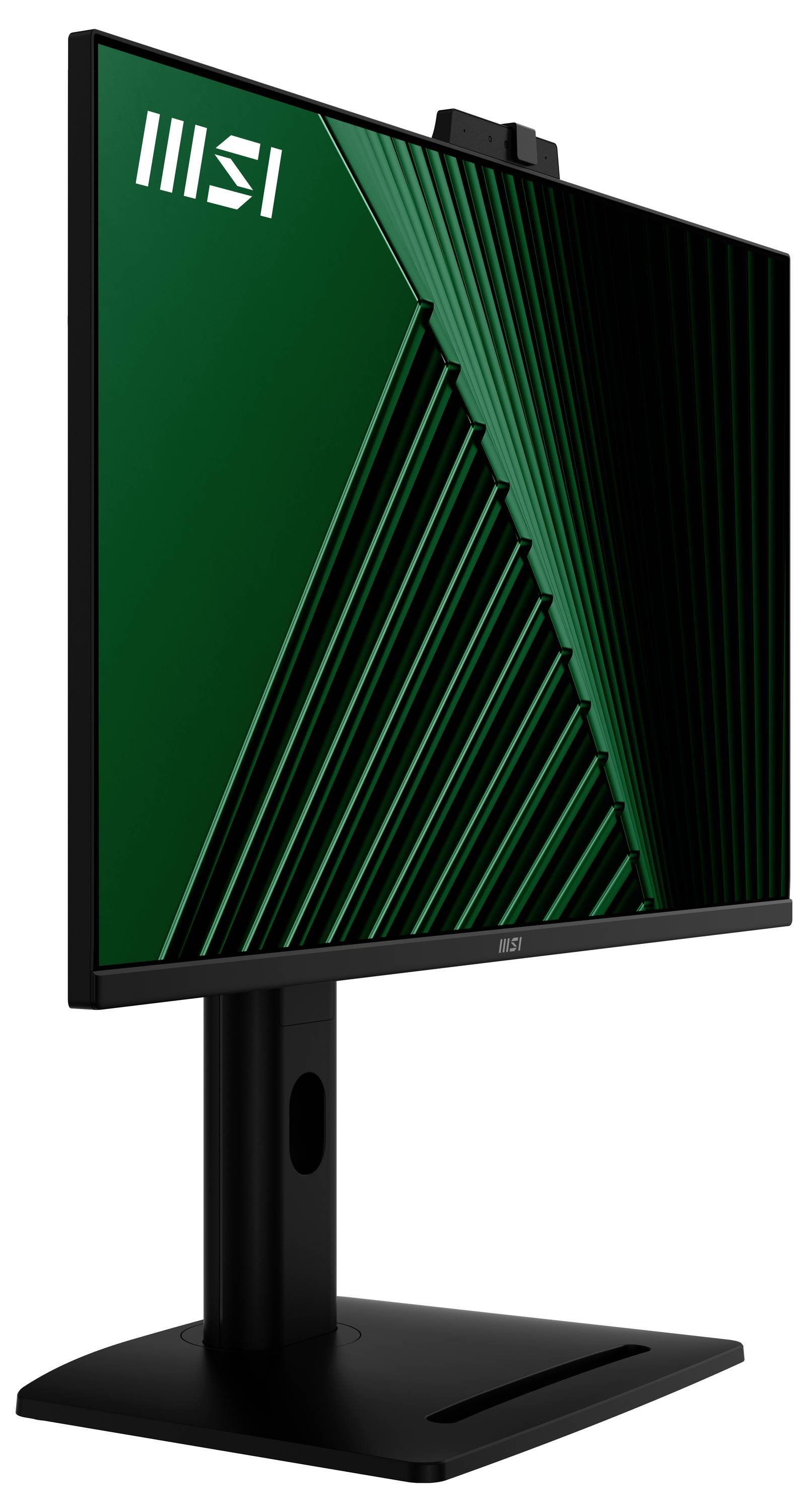 Monitor počítače s elegantní černou základnou, zobrazující zelený geometrický vzor. Logo MSI je umístěno v levém horním rohu obrazovky.