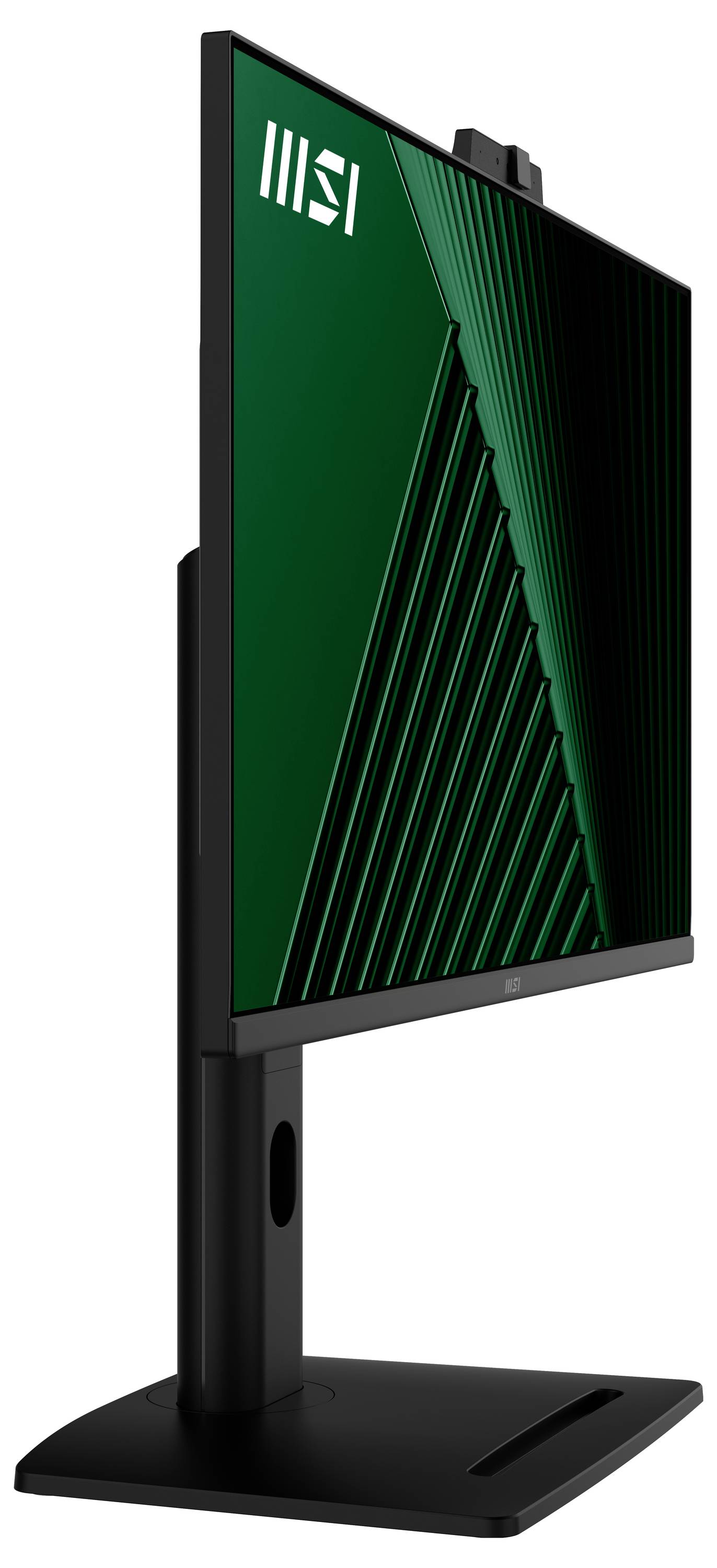 Elegantní černý počítačový monitor s minimalistickým designem stojí svisle na obdélníkovém podstavci a zobrazuje zelený geometrický vzor.